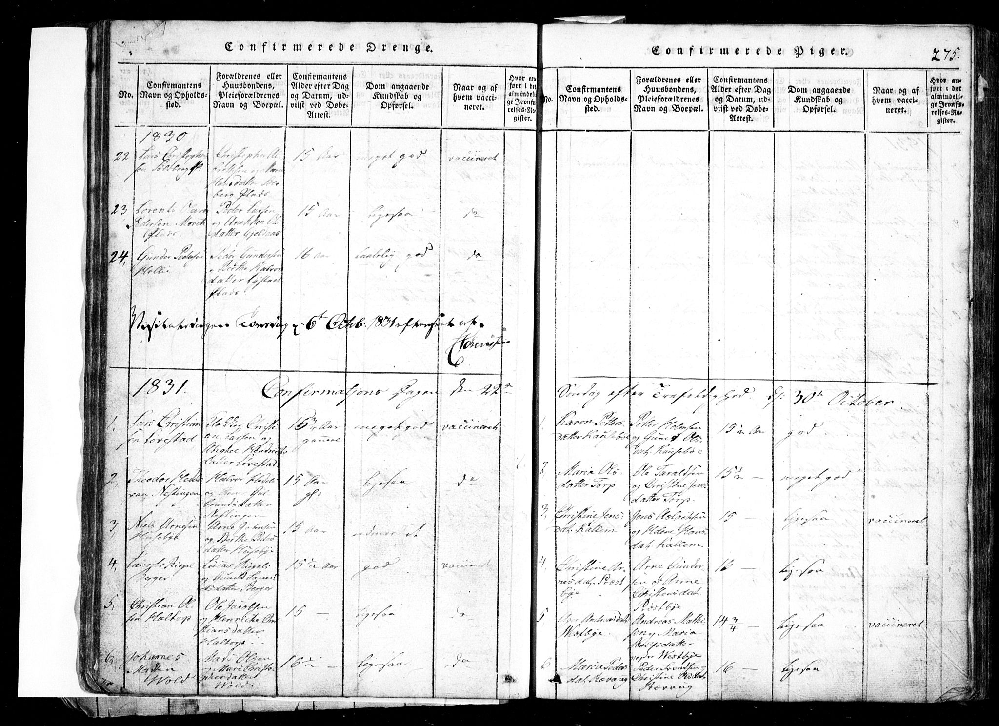 Spydeberg prestekontor Kirkebøker, SAO/A-10924/G/Ga/L0001: Klokkerbok nr. I 1, 1814-1868, s. 275