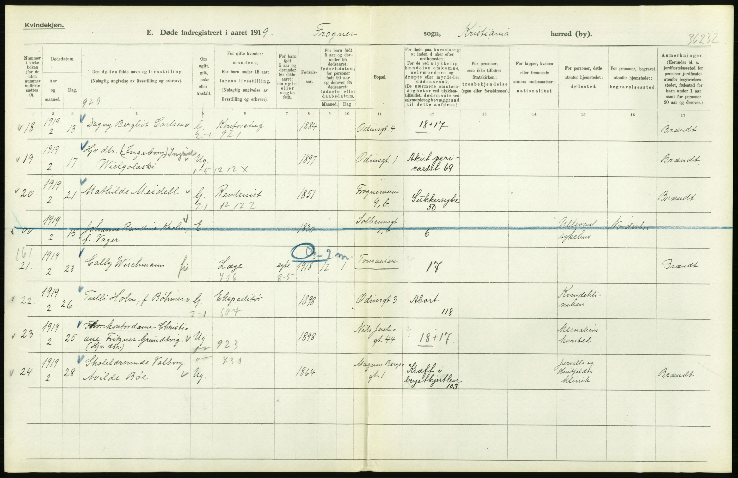 Statistisk sentralbyrå, Sosiodemografiske emner, Befolkning, AV/RA-S-2228/D/Df/Dfb/Dfbi/L0011: Kristiania: Døde, dødfødte, 1919