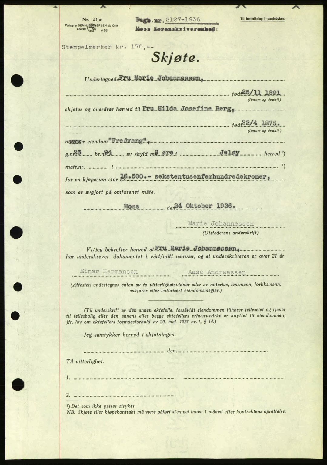 Moss sorenskriveri, SAO/A-10168: Pantebok nr. A2, 1936-1937, Dagboknr: 2127/1936