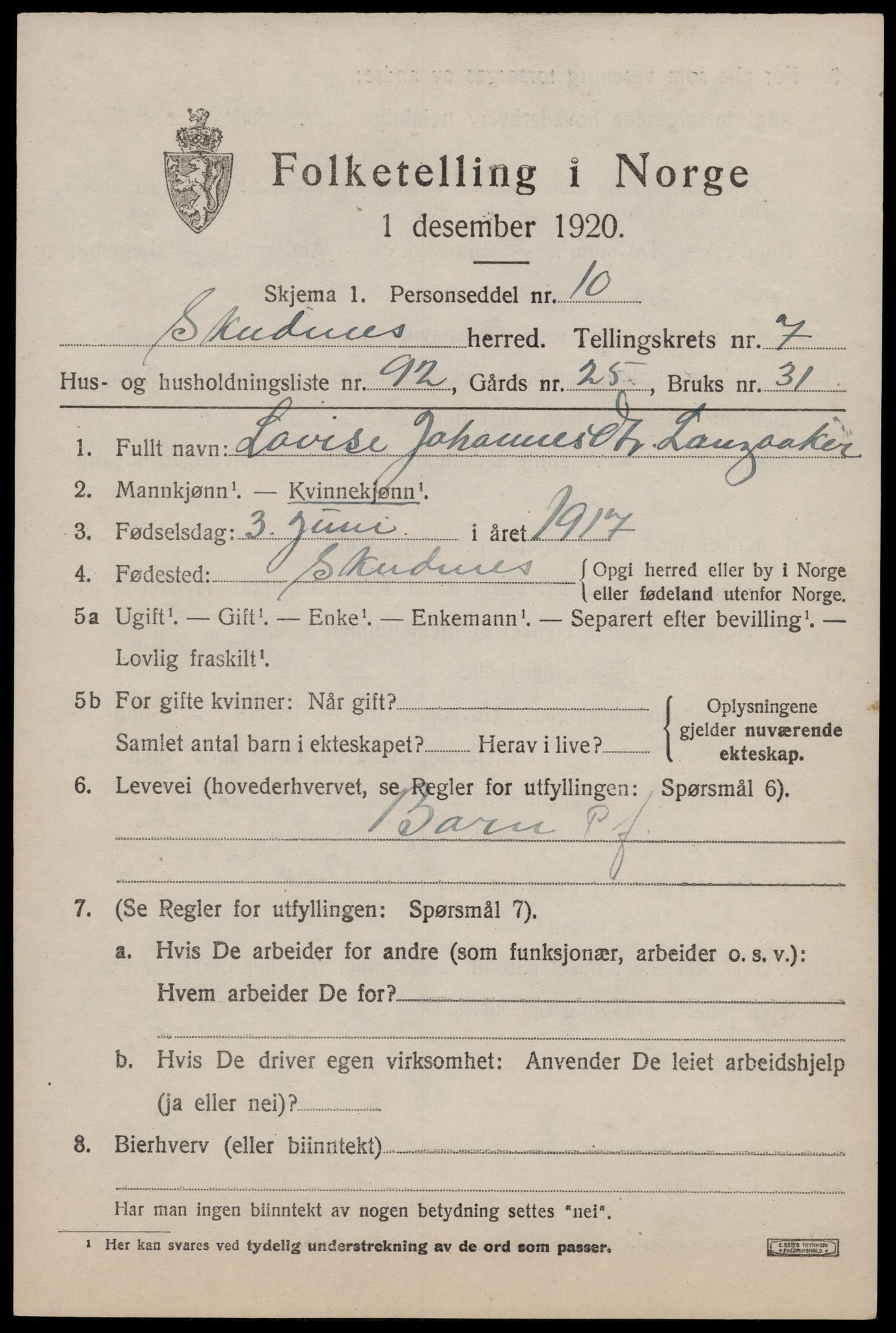 SAST, Folketelling 1920 for 1150 Skudenes herred, 1920, s. 6596