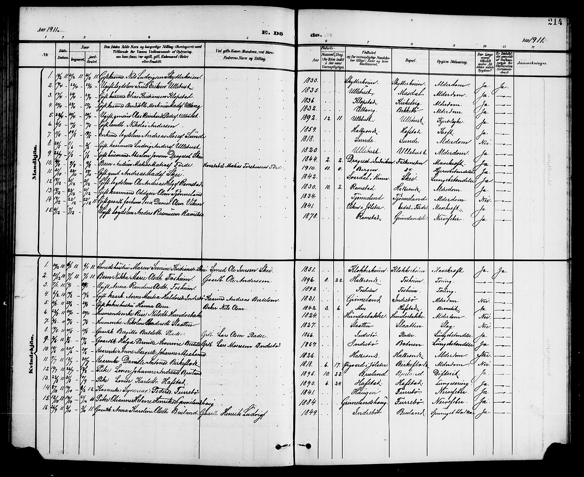 Førde sokneprestembete, AV/SAB-A-79901/H/Hab/Haba/L0003: Klokkerbok nr. A 3, 1899-1924, s. 214