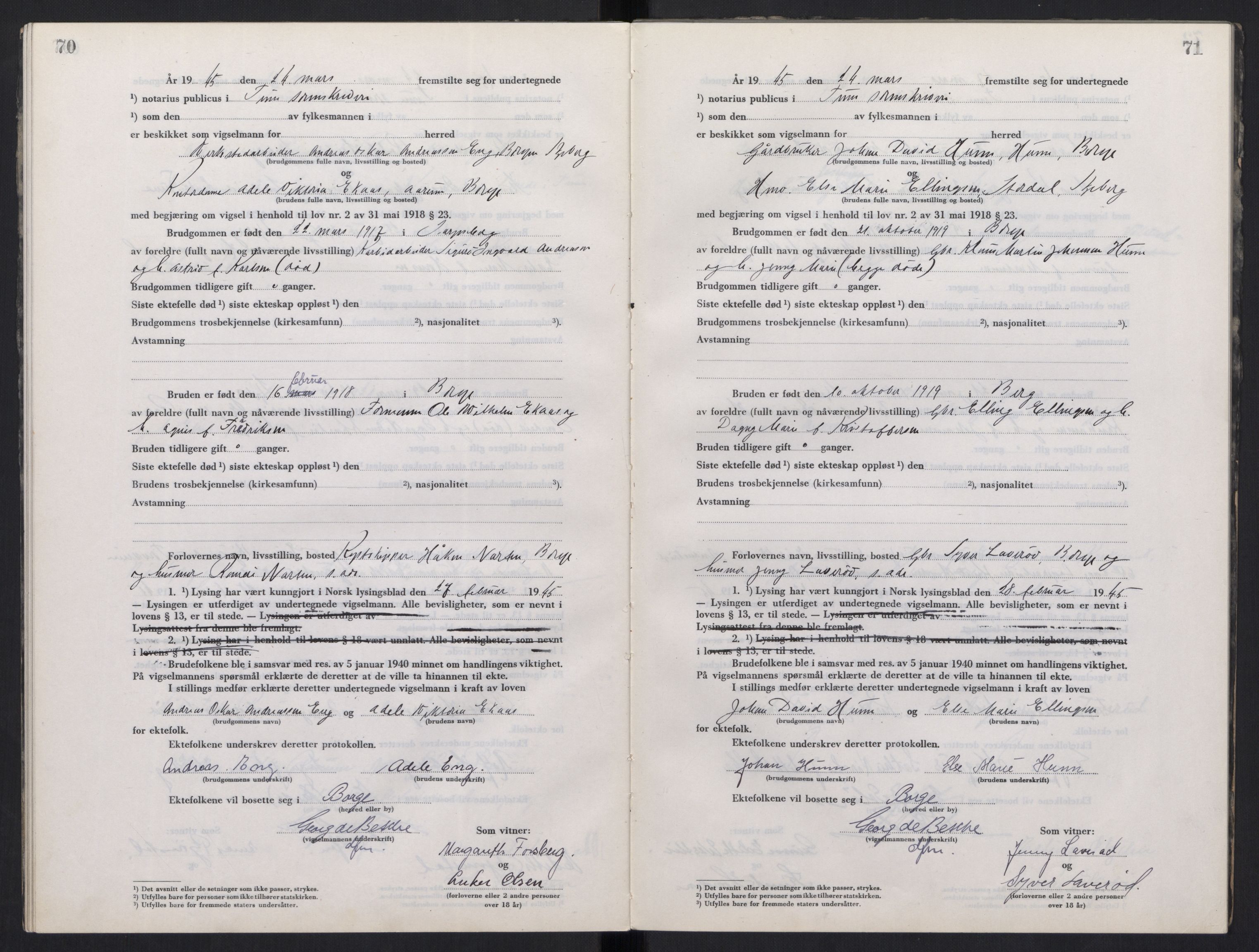 Tune sorenskriveri, AV/SAO-A-10470/L/Lb/L0003: Vigselprotokoll, 1944-1951, s. 70-71
