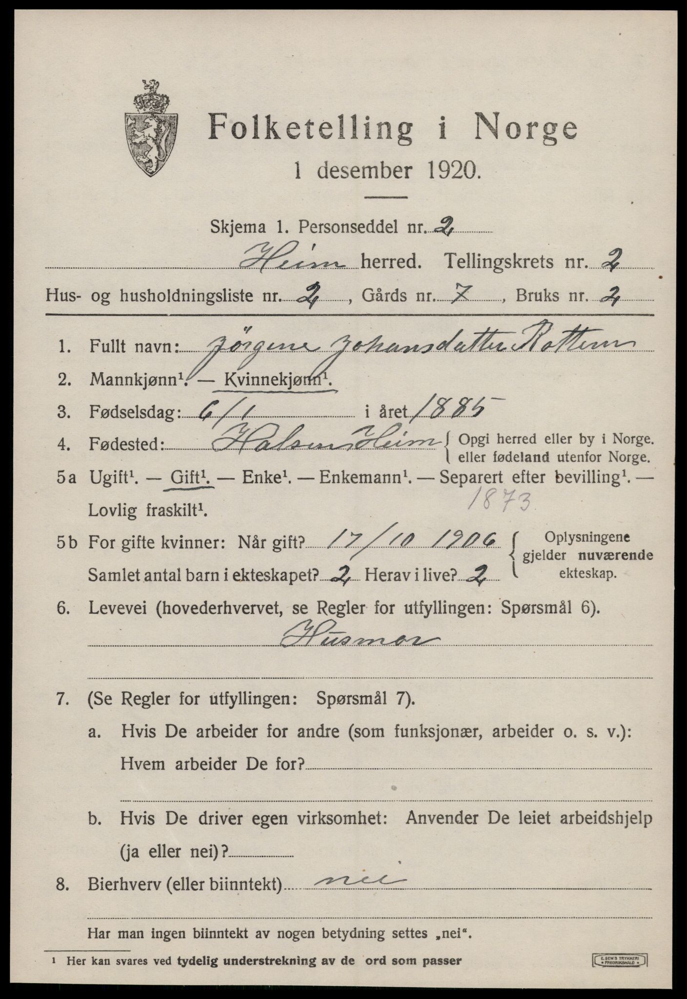 SAT, Folketelling 1920 for 1614 Heim herred, 1920, s. 1391