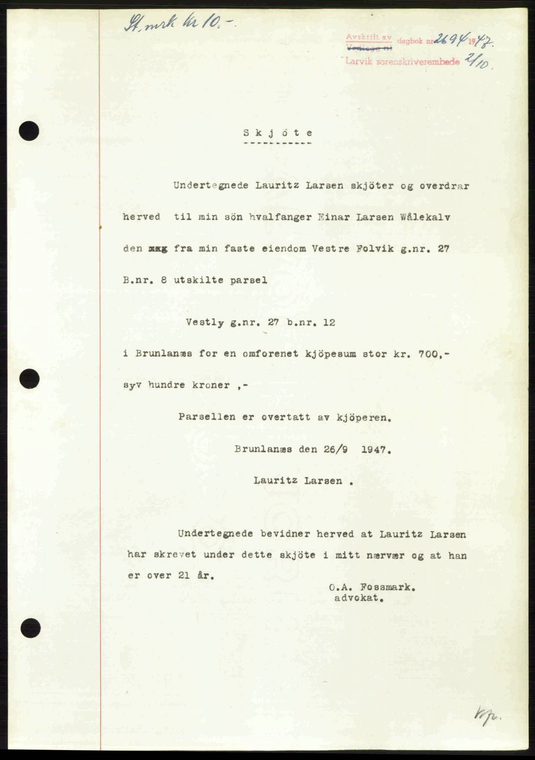 Larvik sorenskriveri, SAKO/A-83/G/Ga/Gab/L0085: Pantebok nr. A-19, 1947-1948, Dagboknr: 2694/1947