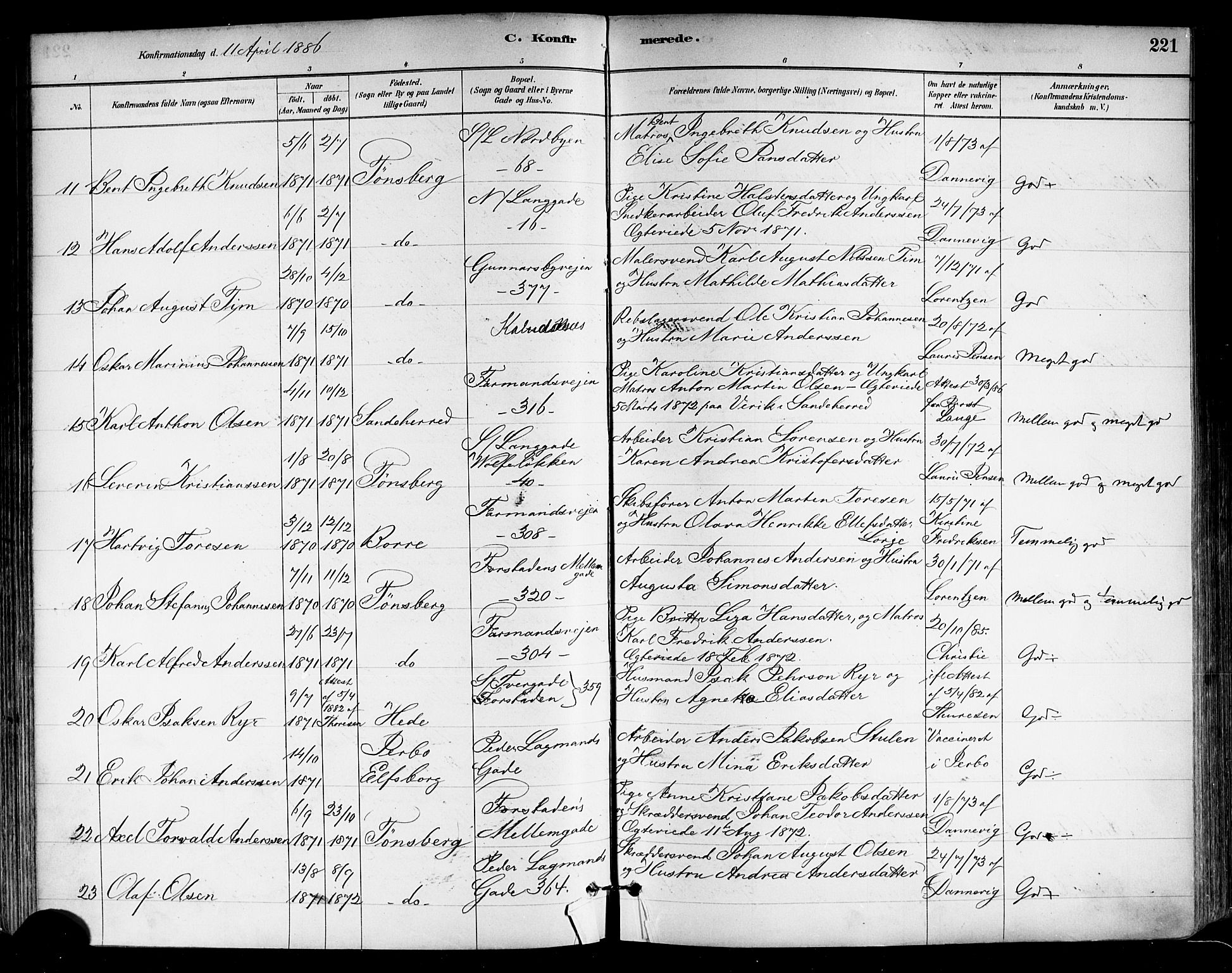 Tønsberg kirkebøker, AV/SAKO-A-330/F/Fa/L0011: Ministerialbok nr. I 11, 1881-1890, s. 221