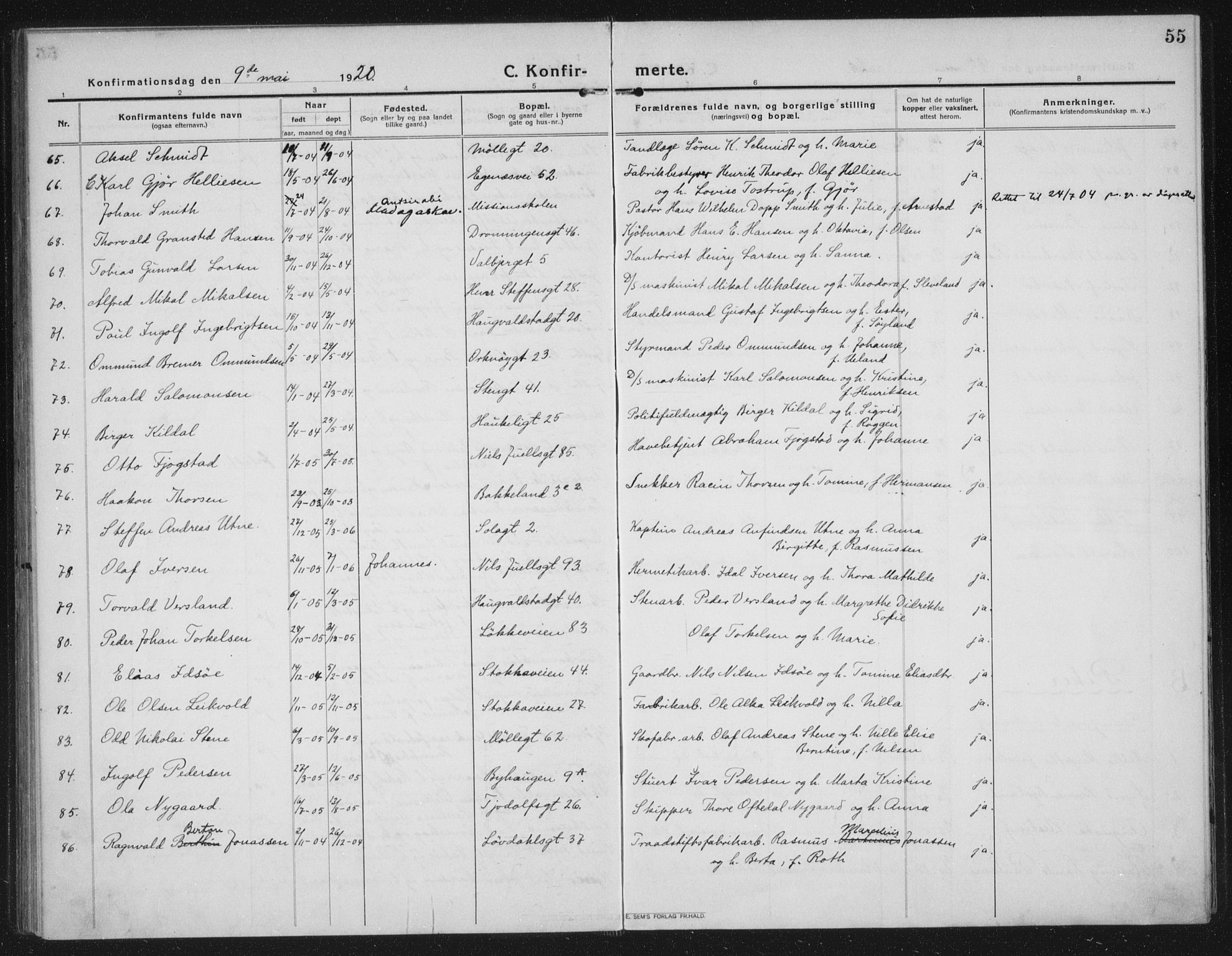 Domkirken sokneprestkontor, AV/SAST-A-101812/002/A/L0019: Ministerialbok nr. A 35, 1916-1932, s. 55