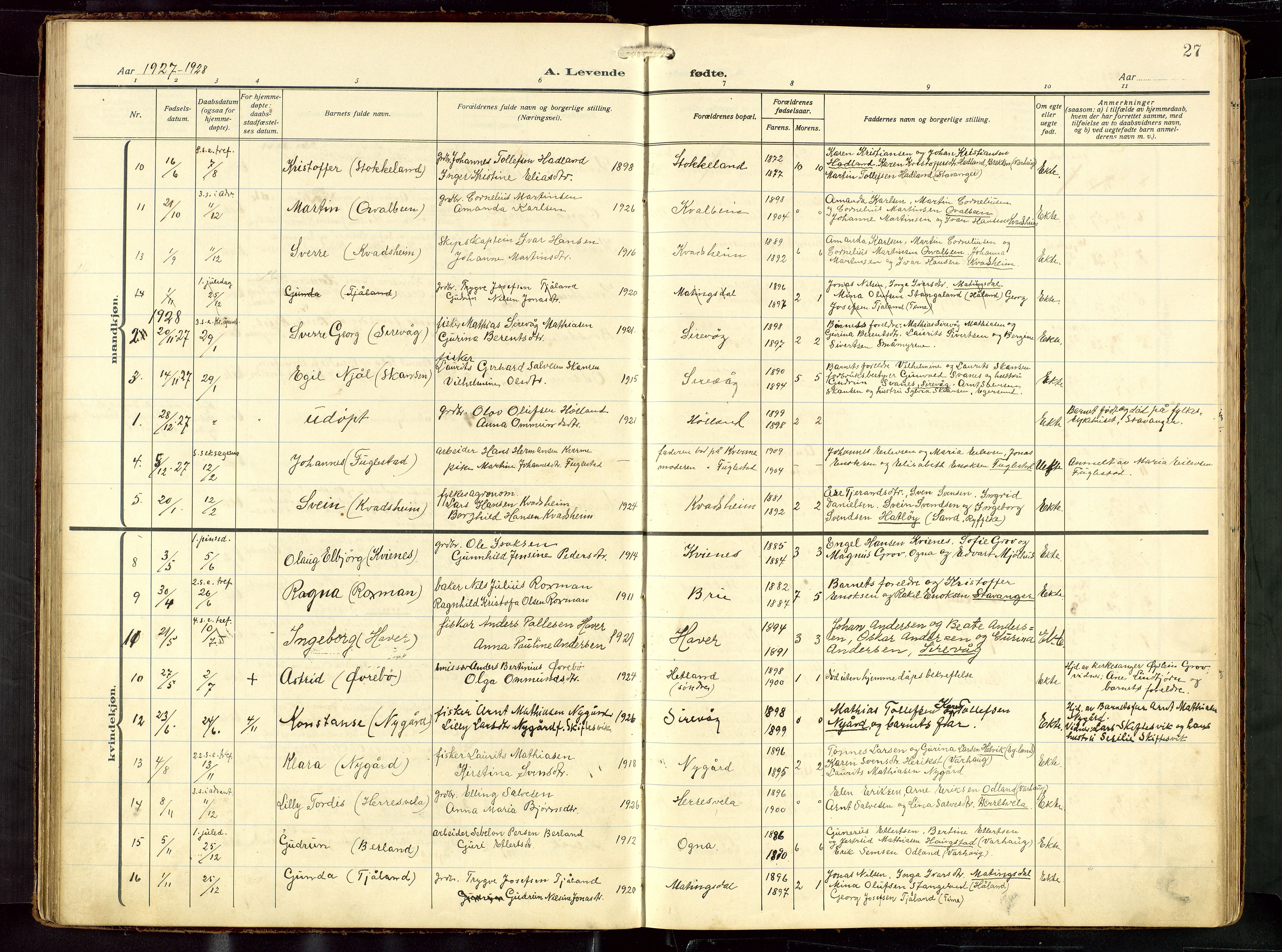 Eigersund sokneprestkontor, AV/SAST-A-101807/S09: Klokkerbok nr. B 22, 1915-1947, s. 27