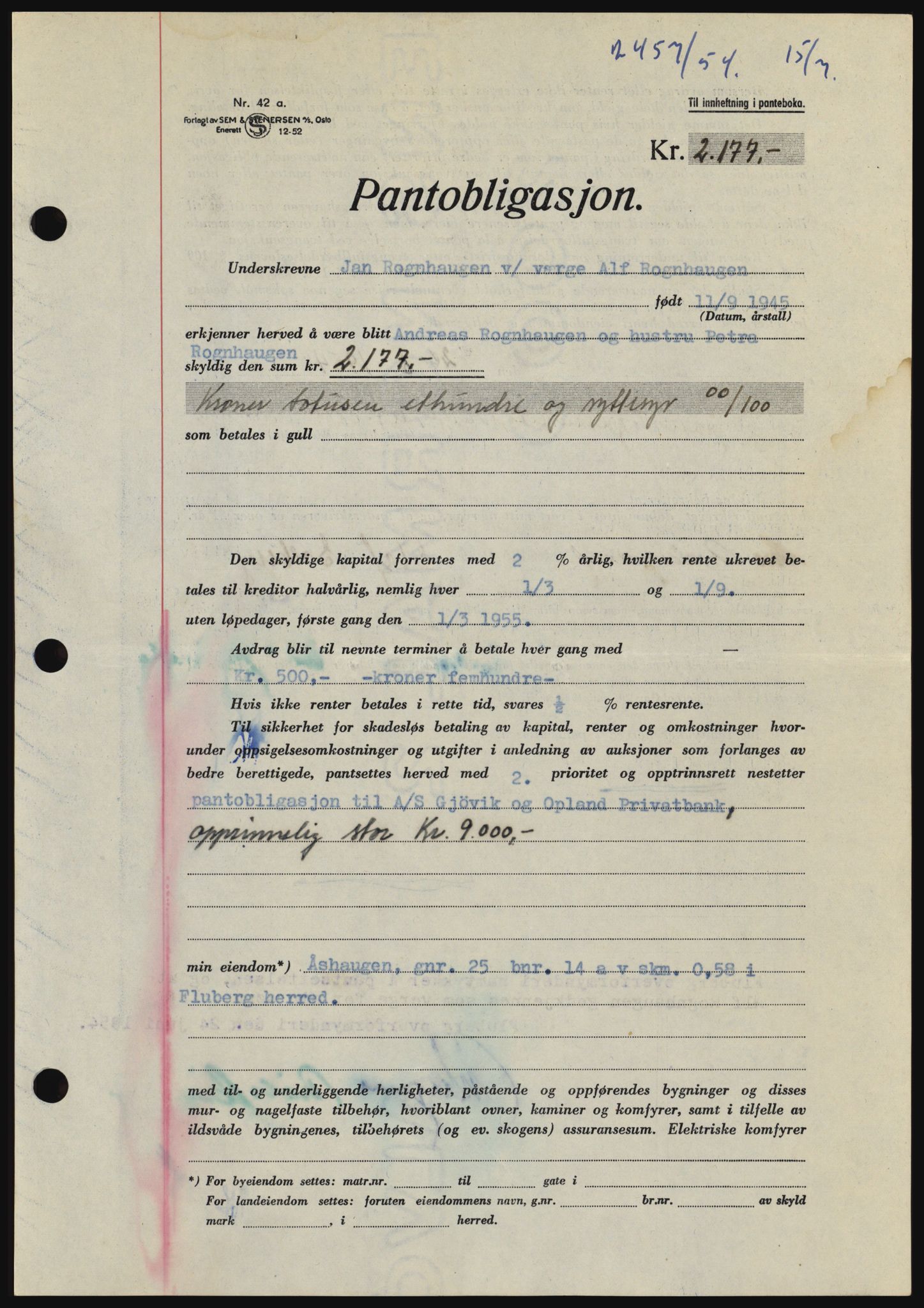 Hadeland og Land tingrett, SAH/TING-010/H/Hb/Hbc/L0030: Pantebok nr. B30, 1954-1954, Dagboknr: 2457/1954