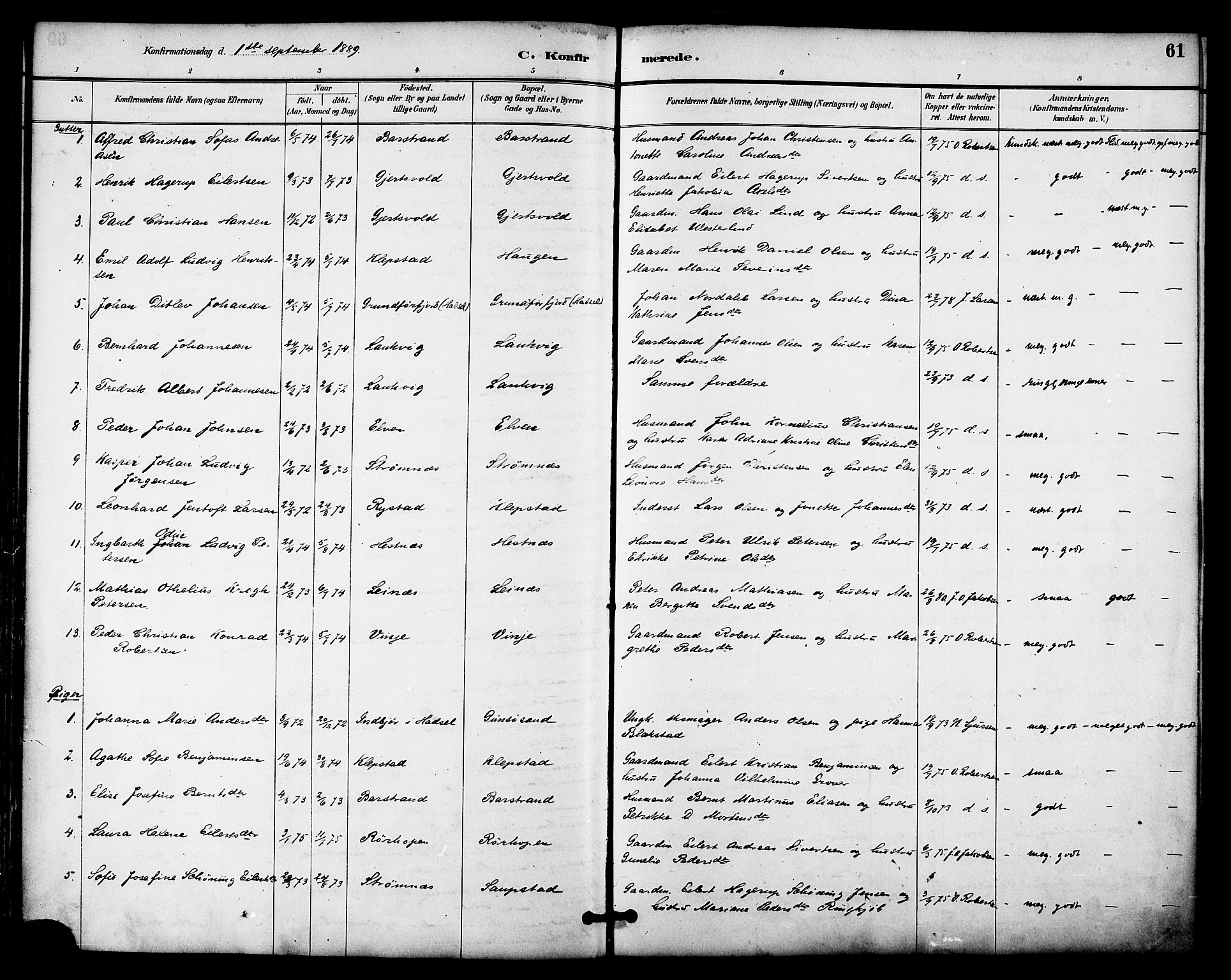 Ministerialprotokoller, klokkerbøker og fødselsregistre - Nordland, SAT/A-1459/876/L1097: Ministerialbok nr. 876A03, 1886-1896, s. 61