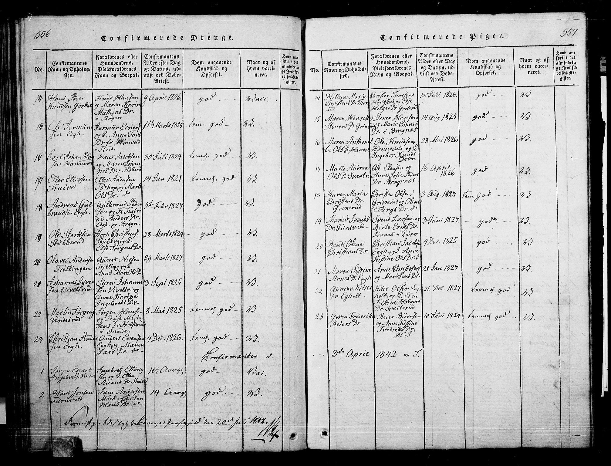 Skoger kirkebøker, SAKO/A-59/G/Ga/L0001: Klokkerbok nr. I 1, 1814-1845, s. 556-557
