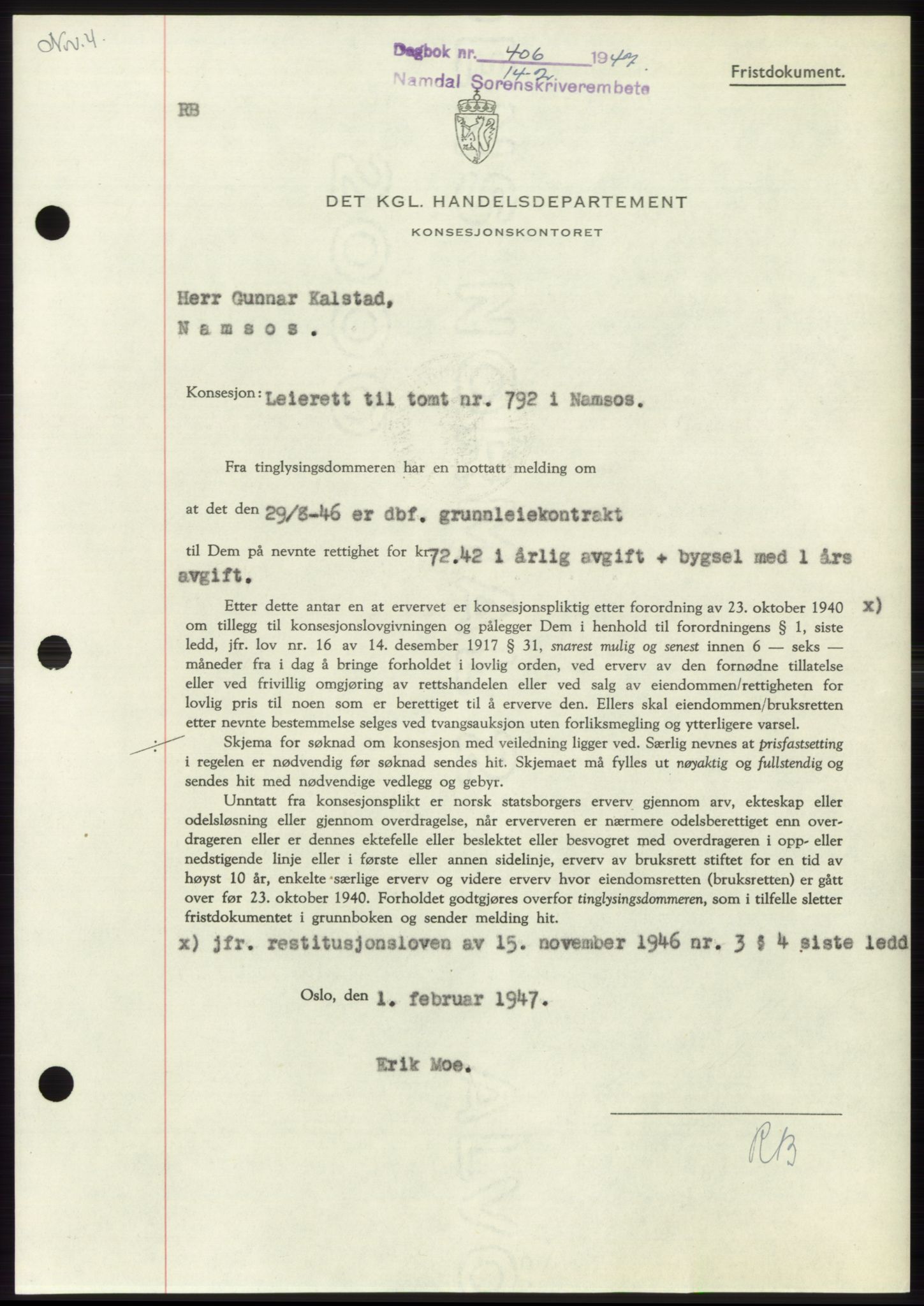 Namdal sorenskriveri, SAT/A-4133/1/2/2C: Pantebok nr. -, 1946-1947, Dagboknr: 406/1947