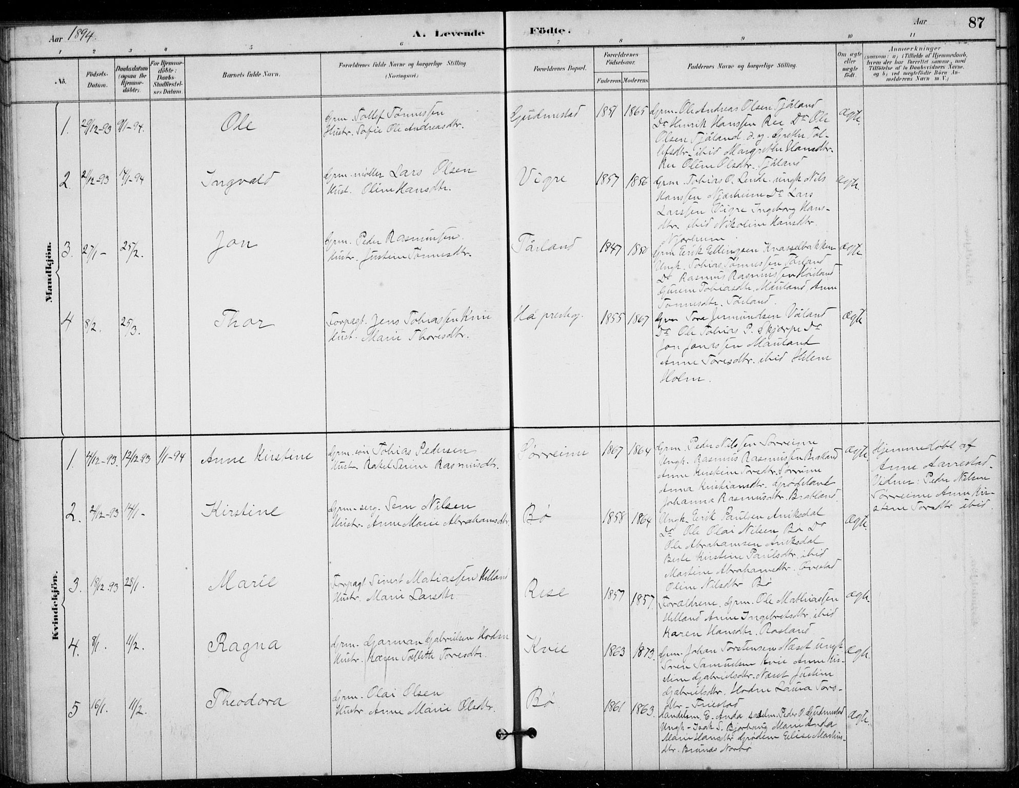 Hå sokneprestkontor, SAST/A-101801/001/30BB/L0003: Klokkerbok nr. B 3, 1883-1894, s. 87