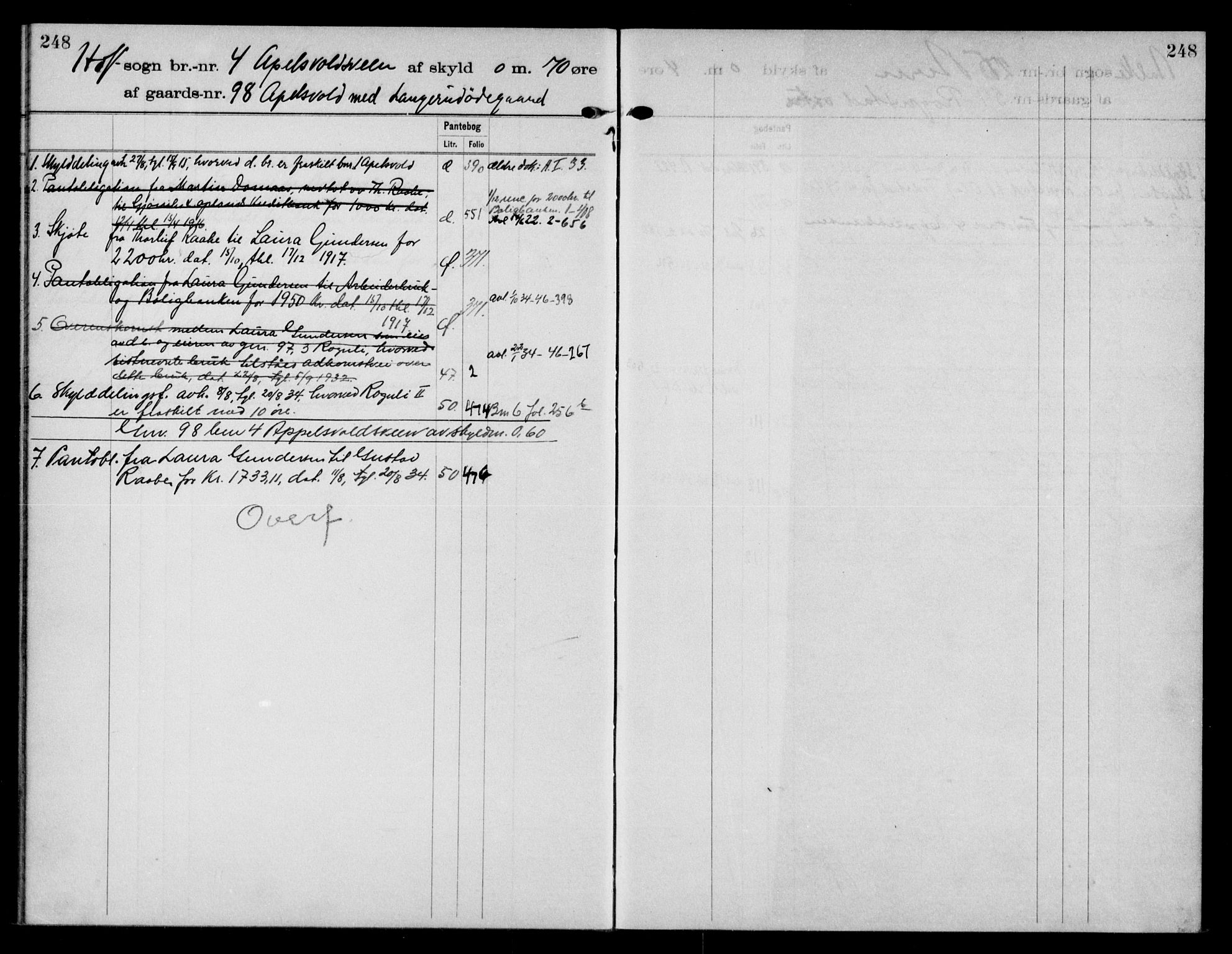 Toten tingrett, SAH/TING-006/H/Ha/Haa/L0030: Panteregister nr. 30, 1908, s. 248