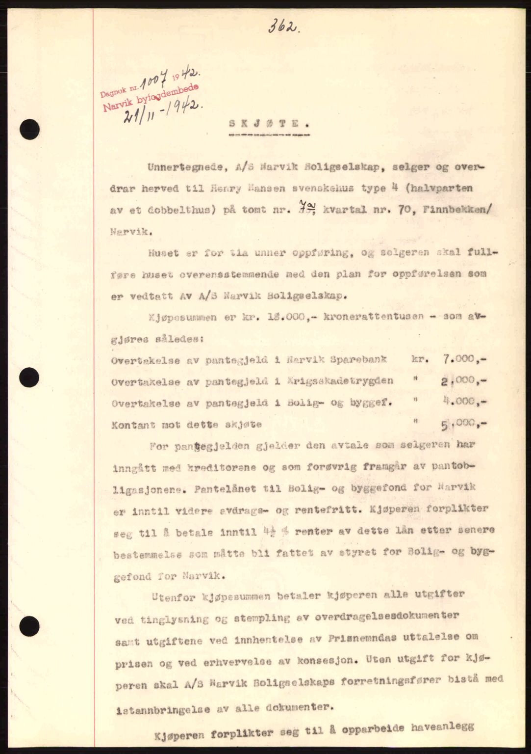 Narvik sorenskriveri, SAT/A-0002/1/2/2C/2Ca: Pantebok nr. A19, 1942-1943, Dagboknr: 1007/1942