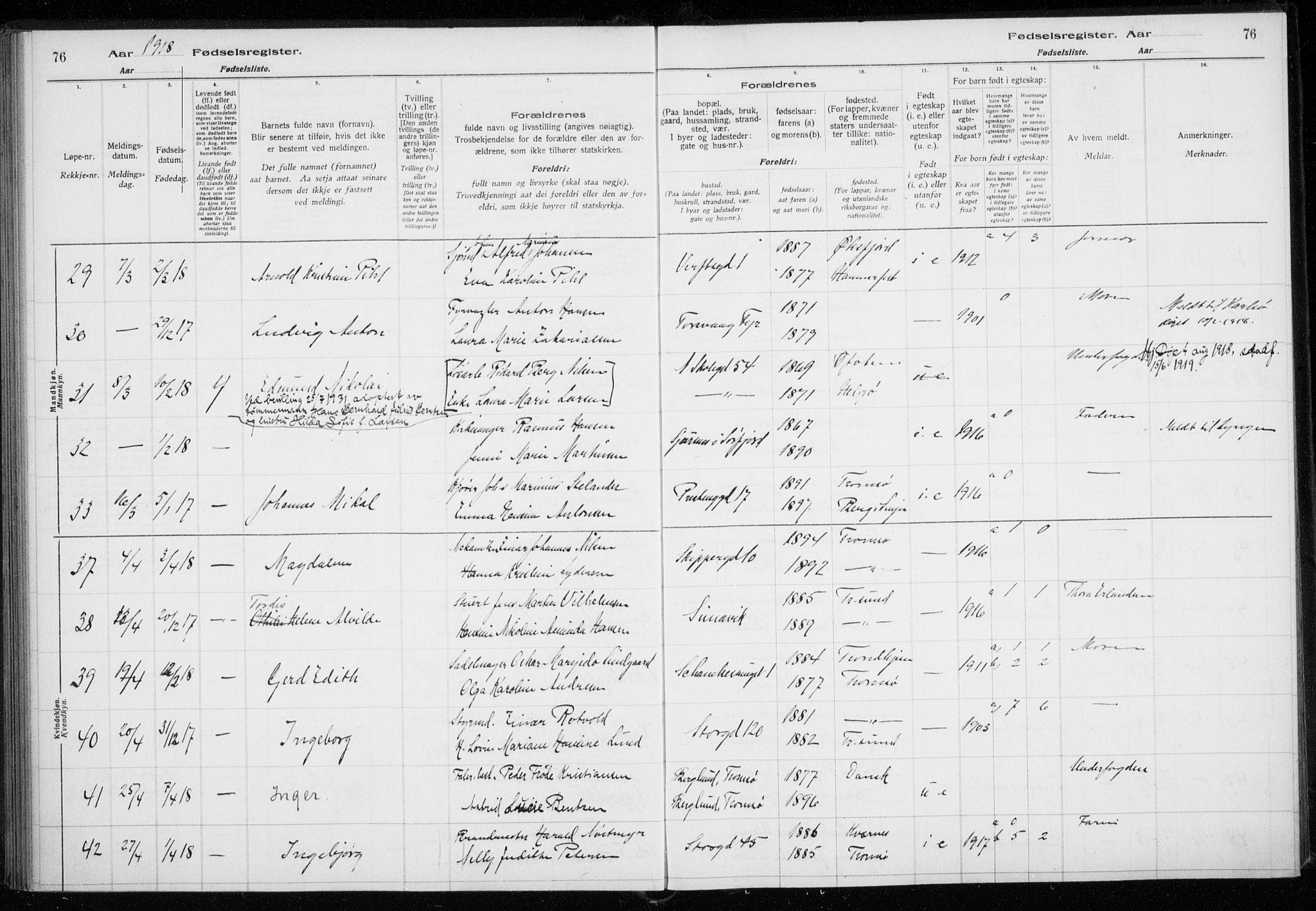 Tromsø sokneprestkontor/stiftsprosti/domprosti, AV/SATØ-S-1343/H/Ha/L0131: Fødselsregister nr. 131, 1916-1921, s. 76