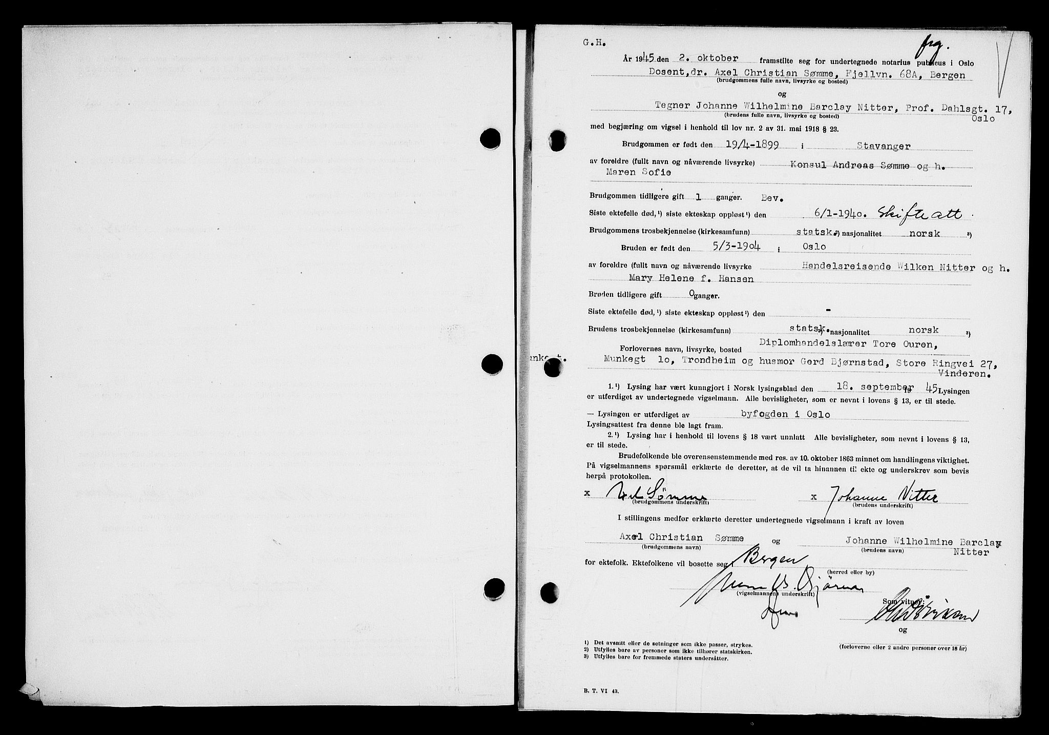 Oslo byfogd avd. I, AV/SAO-A-10220/L/Lb/Lbb/L0055: Notarialprotokoll, rekke II: Vigsler, 1945-1946