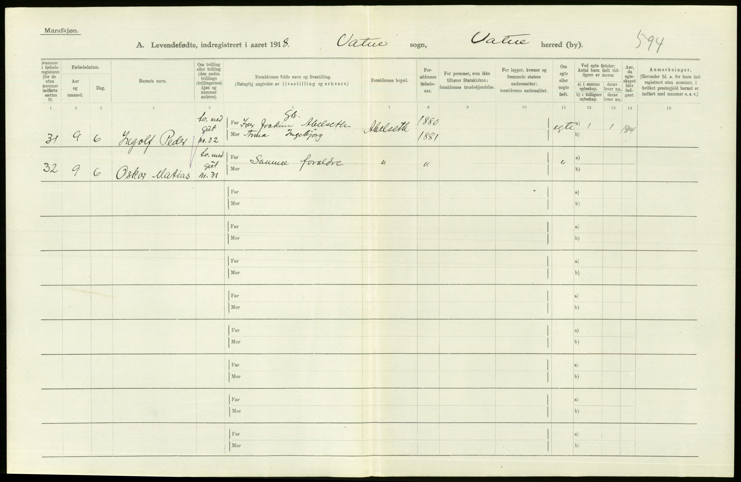 Statistisk sentralbyrå, Sosiodemografiske emner, Befolkning, RA/S-2228/D/Df/Dfb/Dfbh/L0043: Møre fylke: Levendefødte menn og kvinner. Bygder., 1918, s. 156