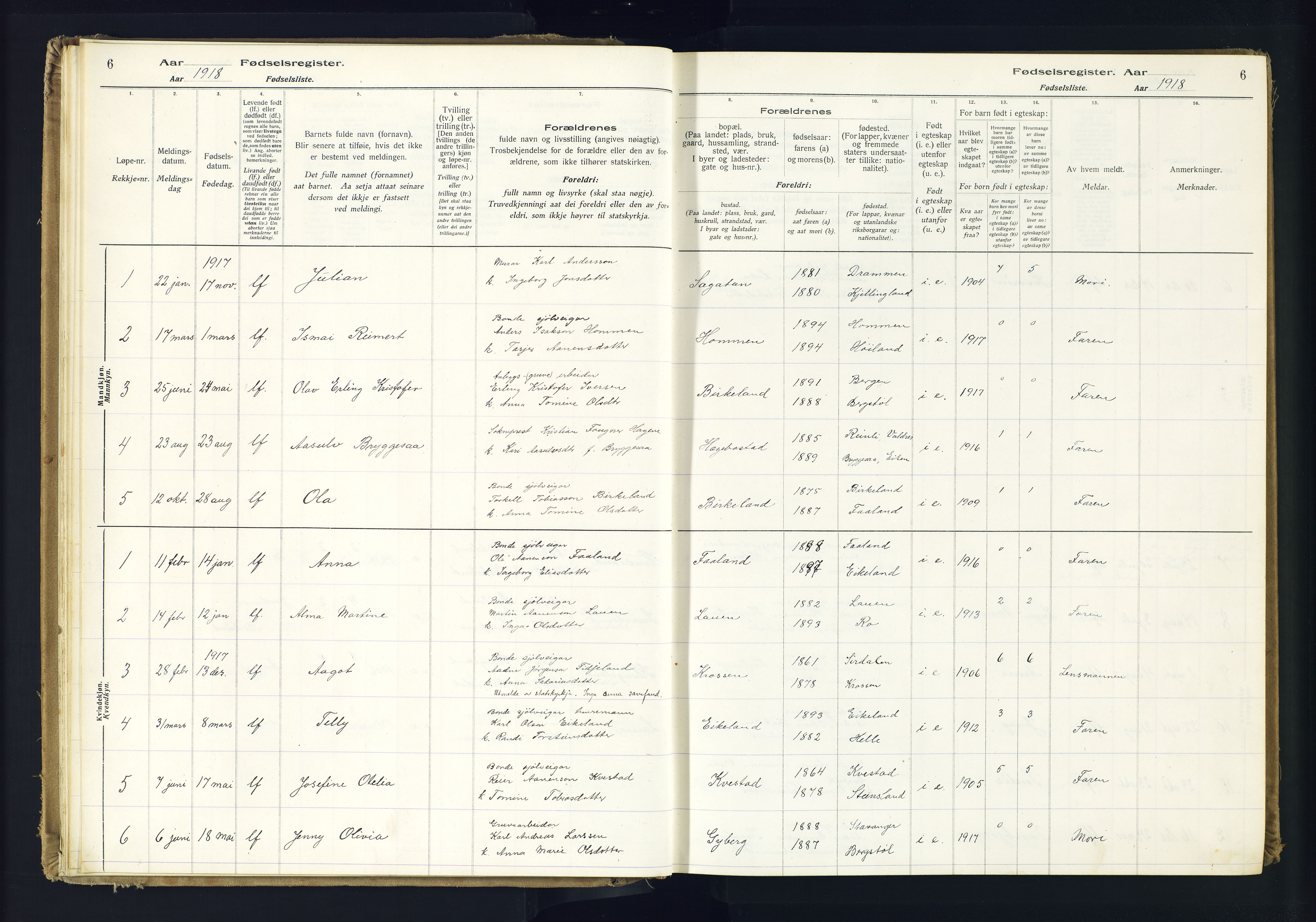 Hægebostad sokneprestkontor, SAK/1111-0024/J/Ja/L0001: Fødselsregister nr. II.6.7, 1916-1982, s. 6