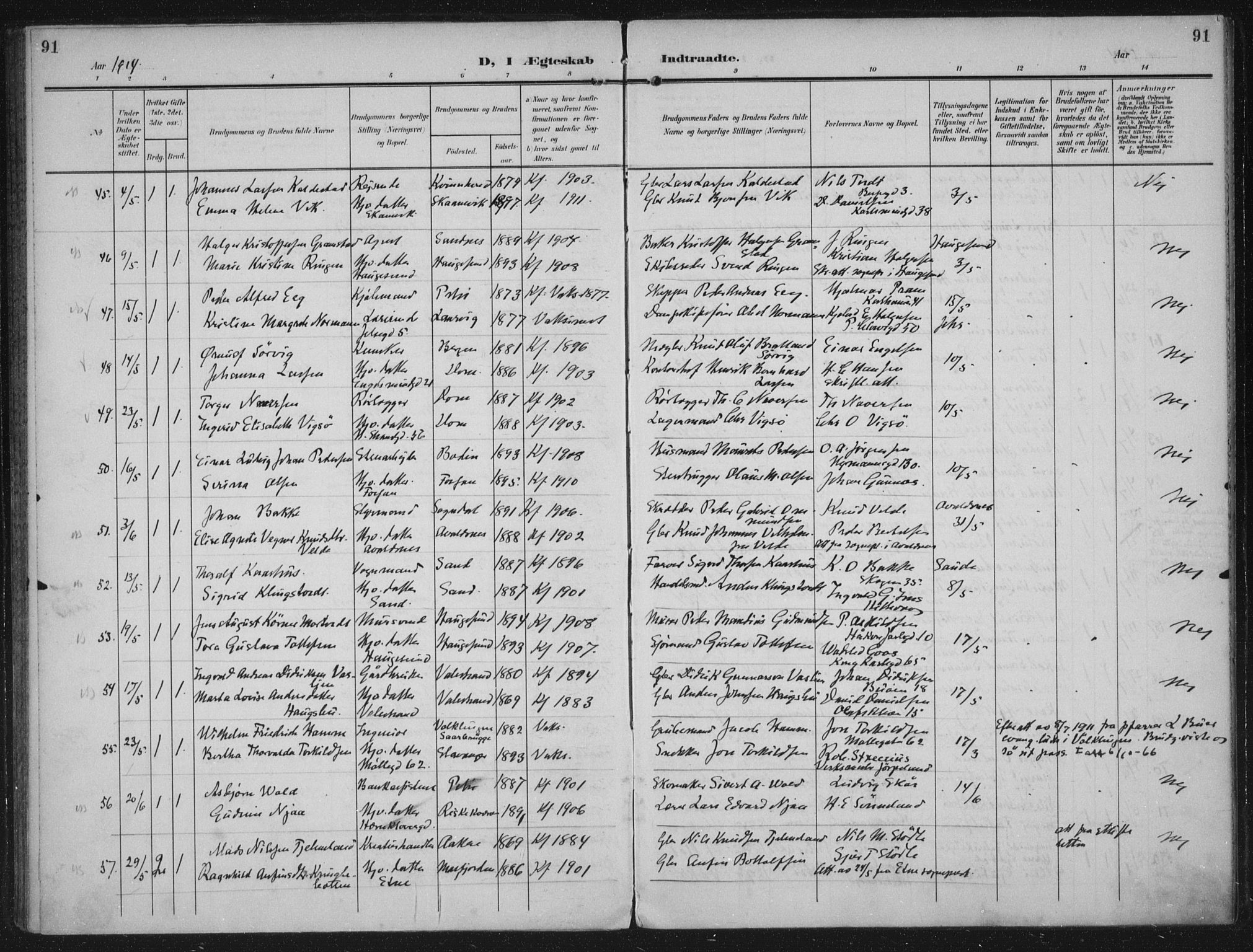 Domkirken sokneprestkontor, AV/SAST-A-101812/002/A/L0016: Ministerialbok nr. A 33, 1905-1922, s. 91