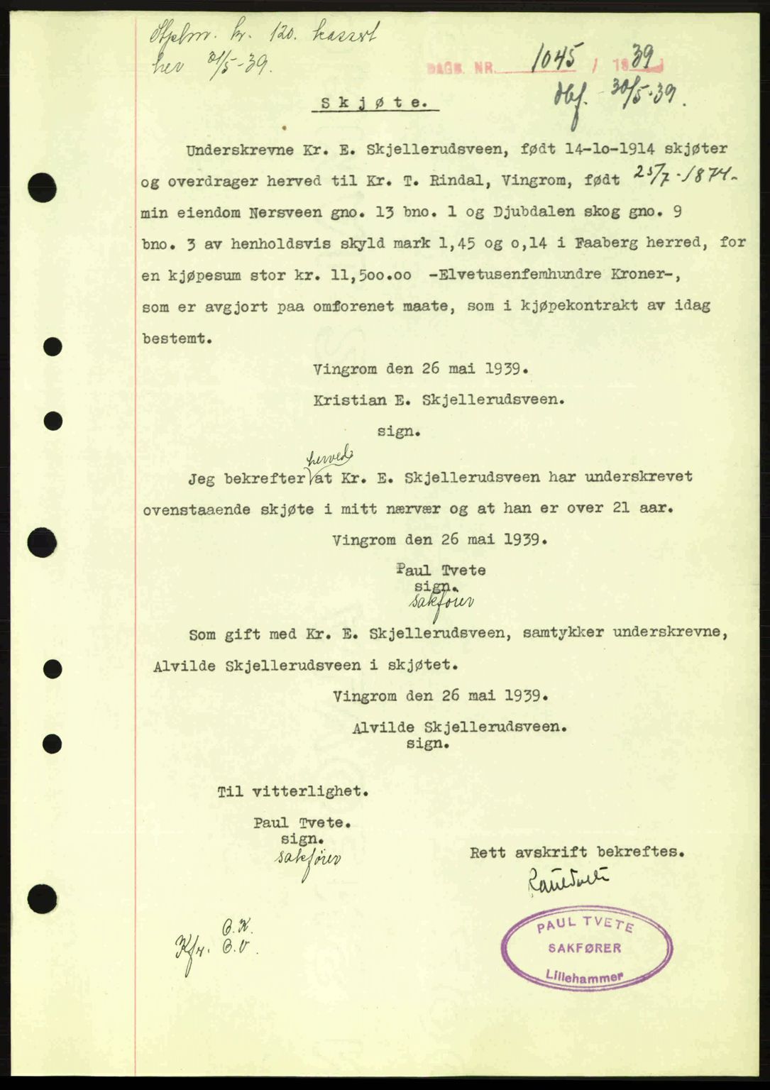 Sør-Gudbrandsdal tingrett, SAH/TING-004/H/Hb/Hbd/L0006: Pantebok nr. A6, 1939-1939, Dagboknr: 1045/1939