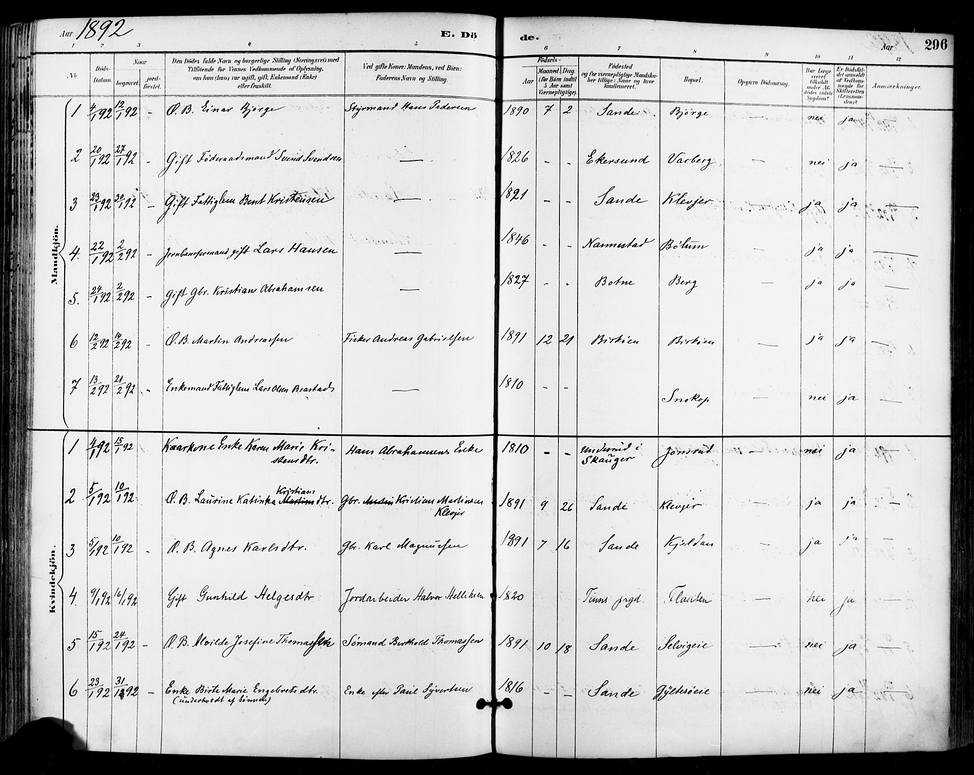 Sande Kirkebøker, AV/SAKO-A-53/F/Fa/L0007: Ministerialbok nr. 7, 1888-1903, s. 296