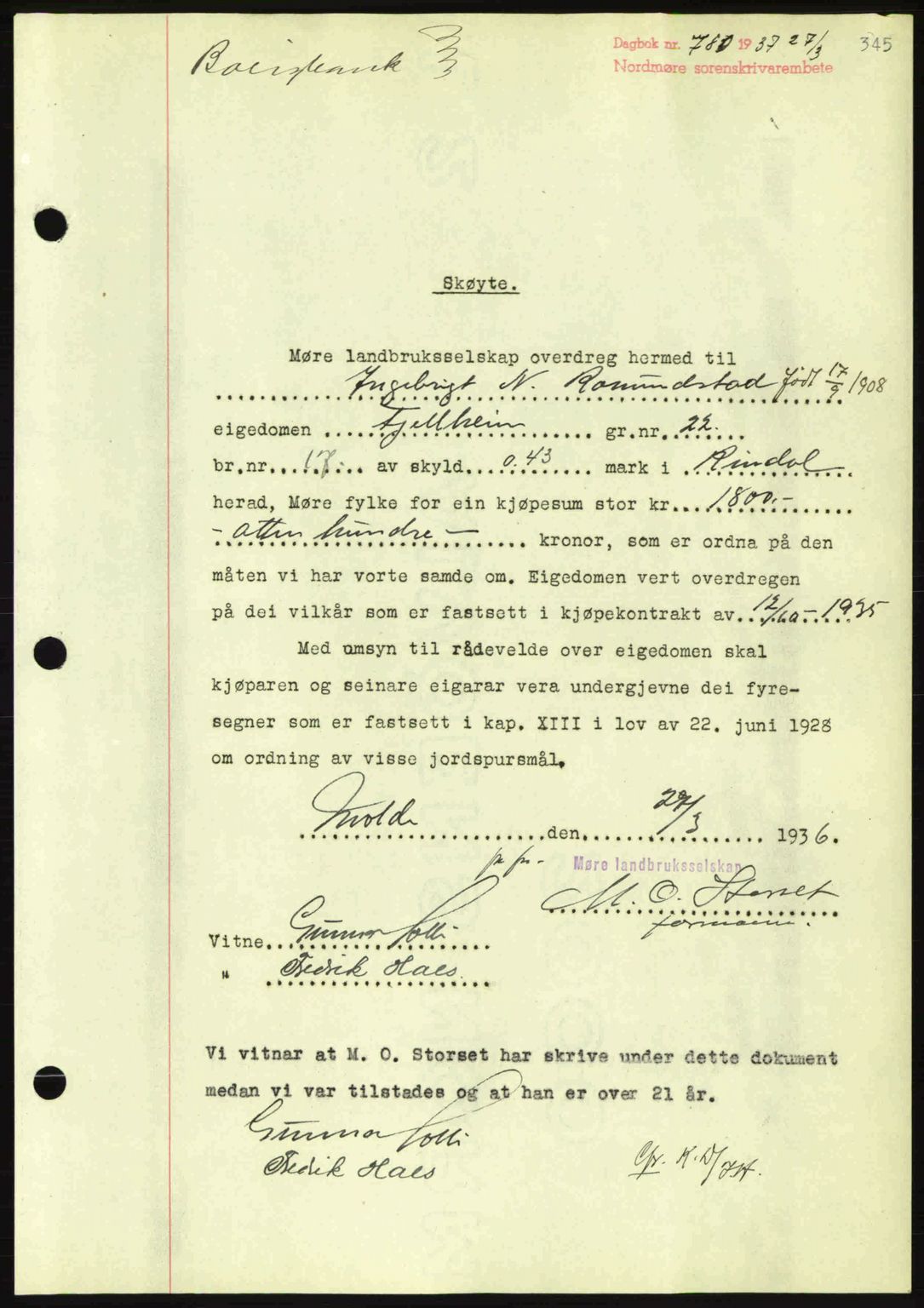 Nordmøre sorenskriveri, SAT/A-4132/1/2/2Ca: Pantebok nr. A81, 1937-1937, Dagboknr: 780/1937