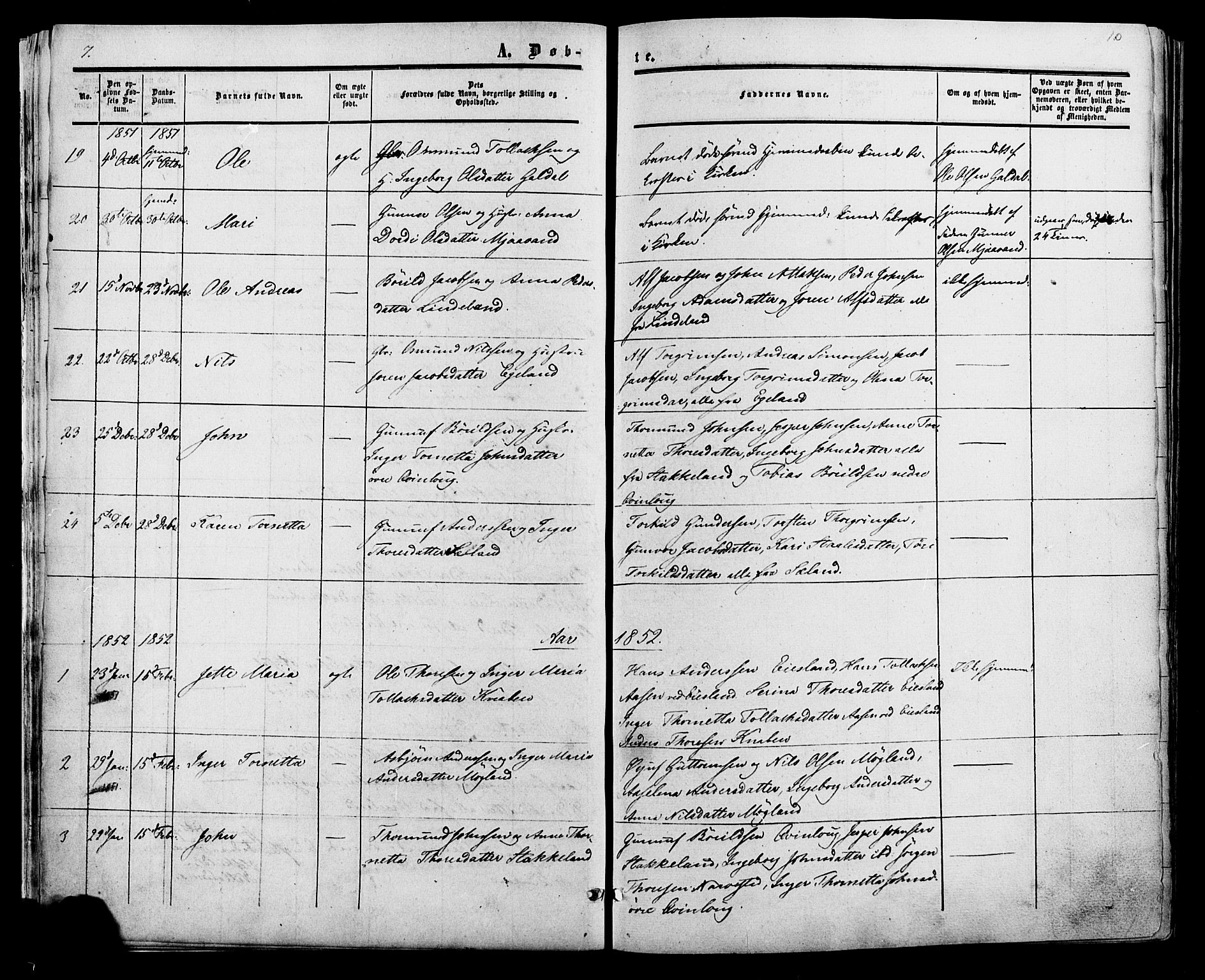 Fjotland sokneprestkontor, AV/SAK-1111-0010/F/Fa/L0001: Ministerialbok nr. A 1, 1850-1879, s. 10