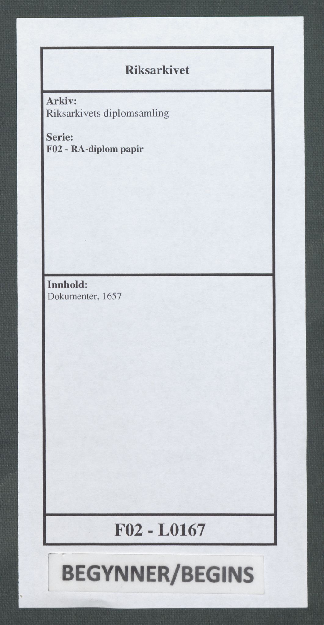 Riksarkivets diplomsamling, RA/EA-5965/F02/L0167: Dokumenter, 1657, s. 1