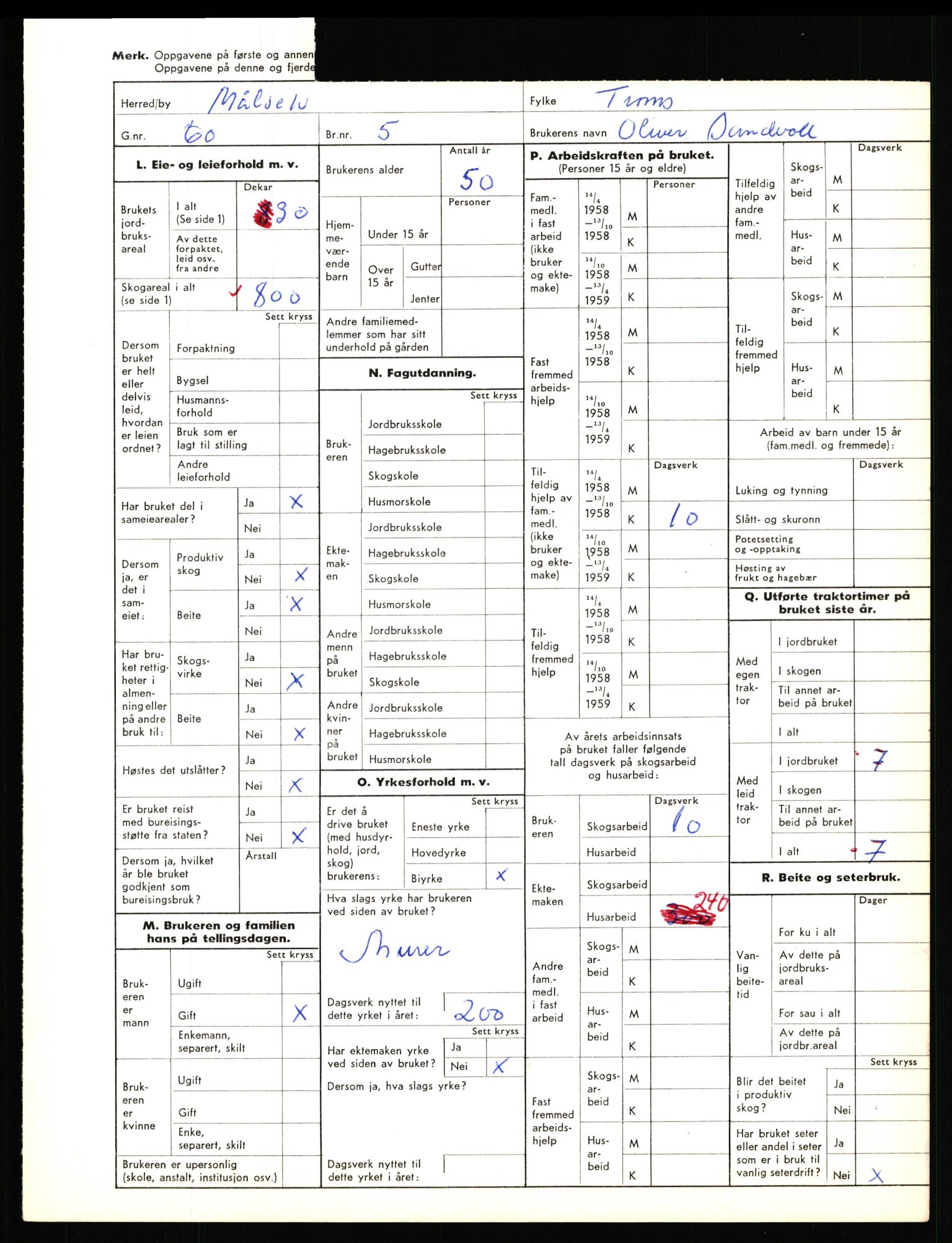 Statistisk sentralbyrå, Næringsøkonomiske emner, Jordbruk, skogbruk, jakt, fiske og fangst, AV/RA-S-2234/G/Gd/L0655: Troms: 1924 Målselv (kl. 4-10), 1959, s. 1261