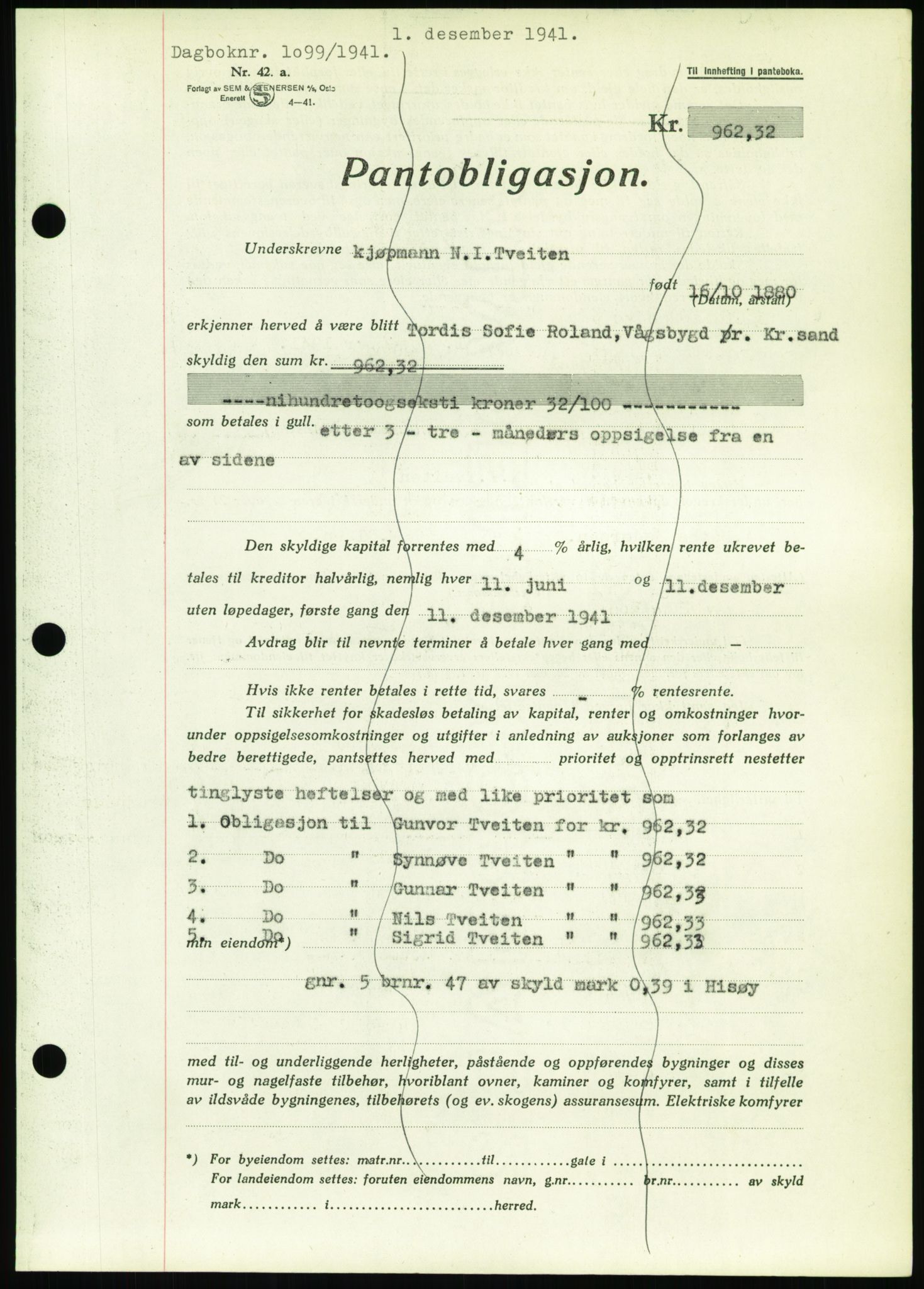 Nedenes sorenskriveri, SAK/1221-0006/G/Gb/Gbb/L0001: Pantebok nr. I, 1939-1942, Dagboknr: 1099/1941