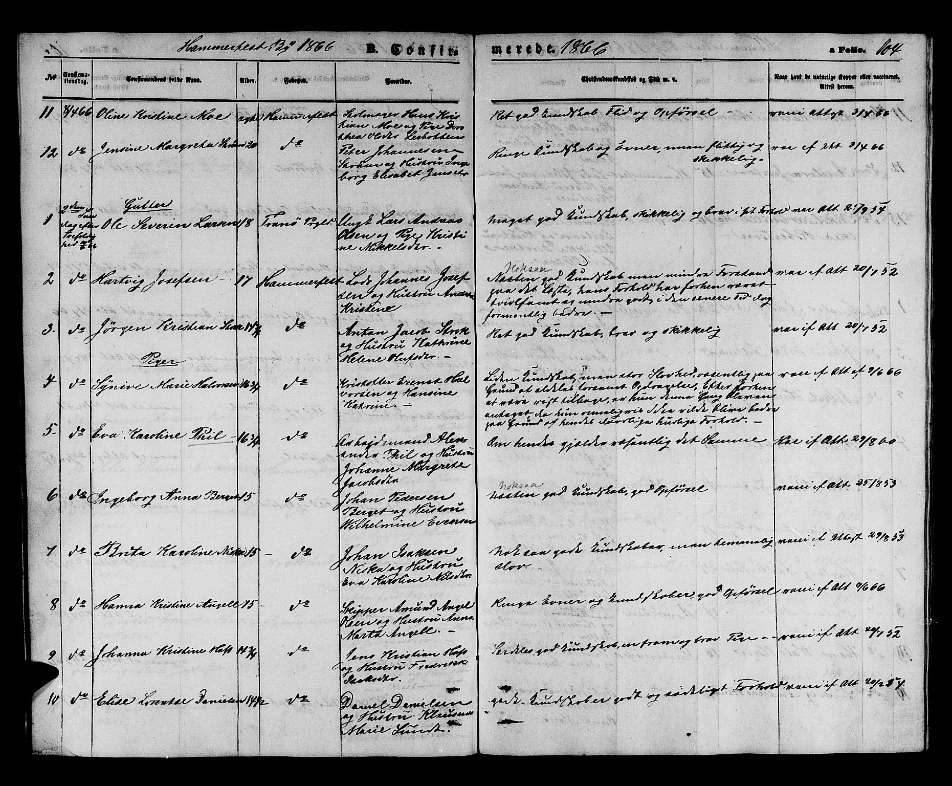 Hammerfest sokneprestkontor, AV/SATØ-S-1347/H/Hb/L0003.klokk: Klokkerbok nr. 3 /1, 1862-1868, s. 104