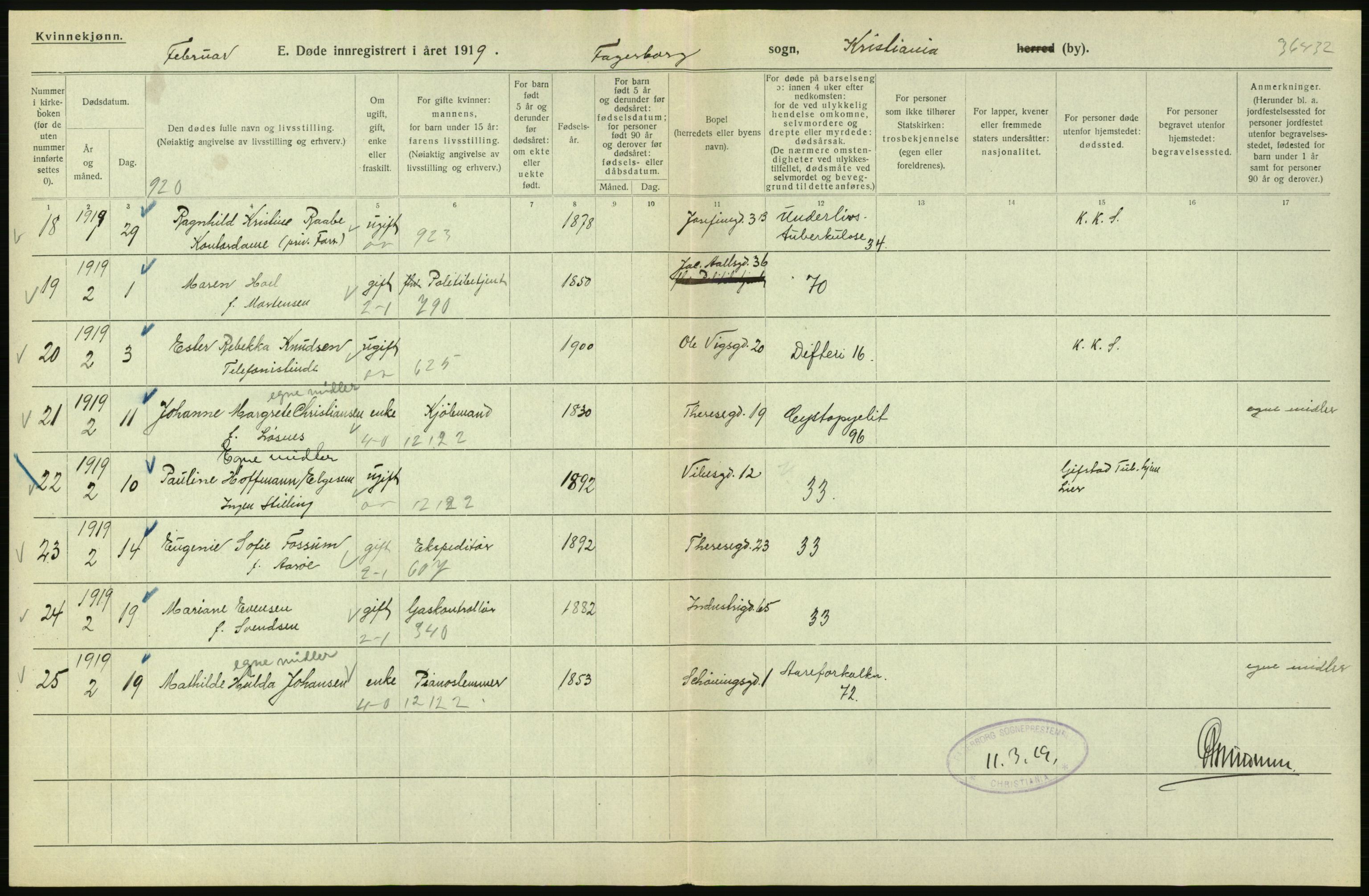 Statistisk sentralbyrå, Sosiodemografiske emner, Befolkning, AV/RA-S-2228/D/Df/Dfb/Dfbi/L0011: Kristiania: Døde, dødfødte, 1919