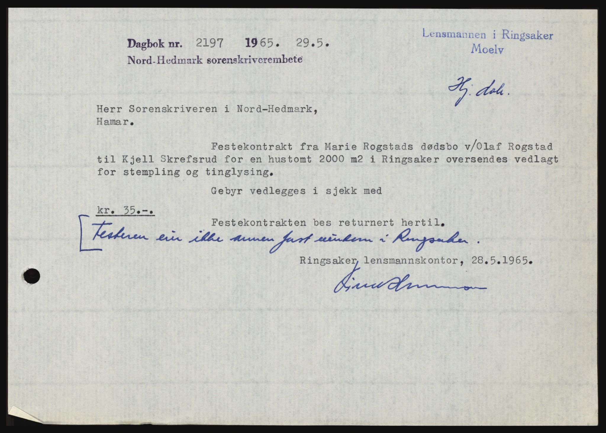 Nord-Hedmark sorenskriveri, SAH/TING-012/H/Hc/L0021: Pantebok nr. 21, 1964-1965, Dagboknr: 2197/1965