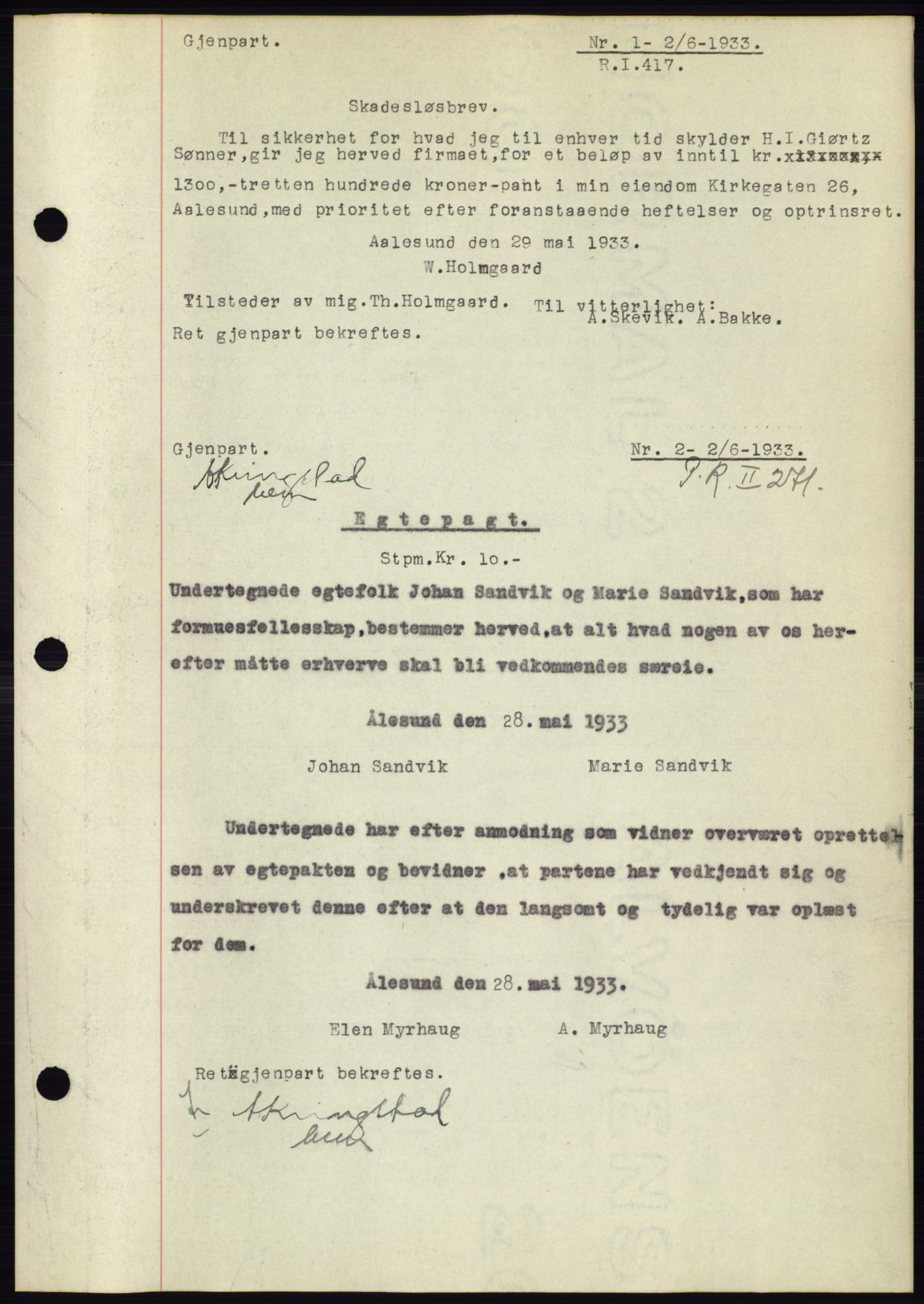 Ålesund byfogd, SAT/A-4384: Pantebok nr. 30, 1932-1933, Tingl.dato: 02.06.1933