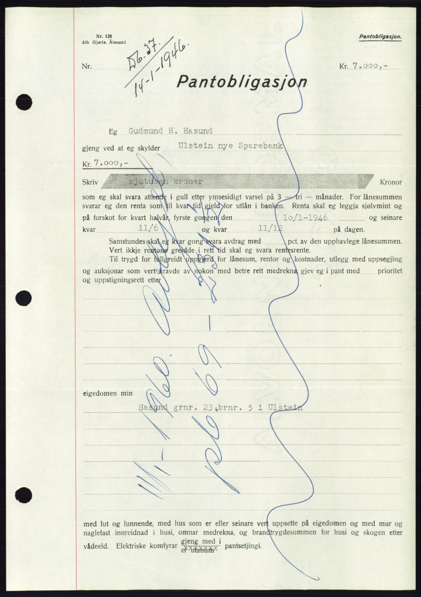 Søre Sunnmøre sorenskriveri, AV/SAT-A-4122/1/2/2C/L0114: Pantebok nr. 1-2B, 1943-1947, Dagboknr: 37/1946