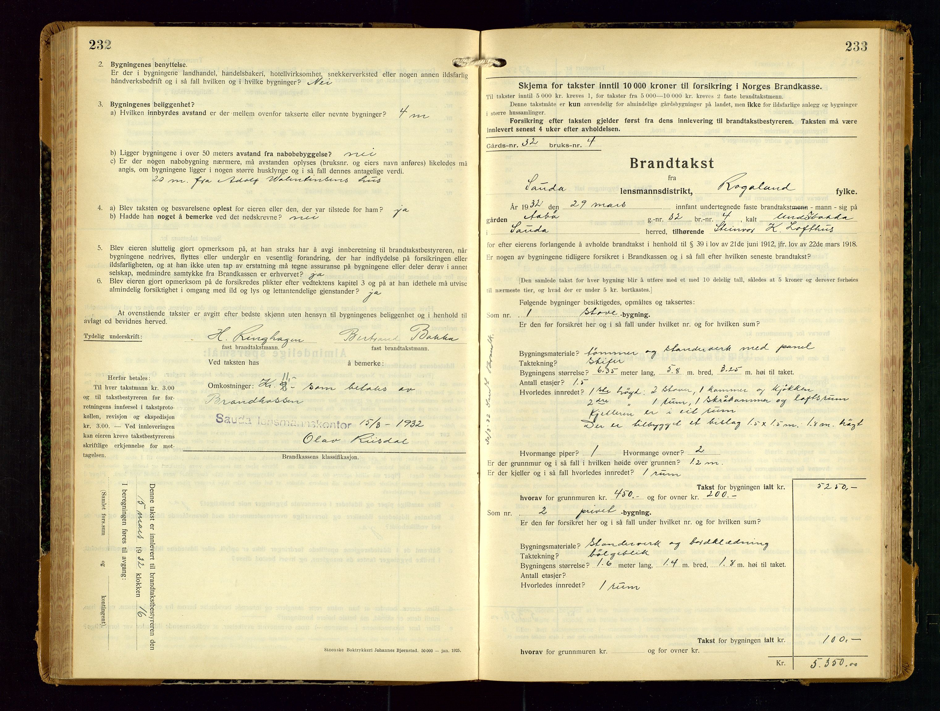 Sauda lensmannskontor, SAST/A-100177/Gob/L0003: Branntakstprotokoll - skjematakst, 1928-1936, s. 232-233