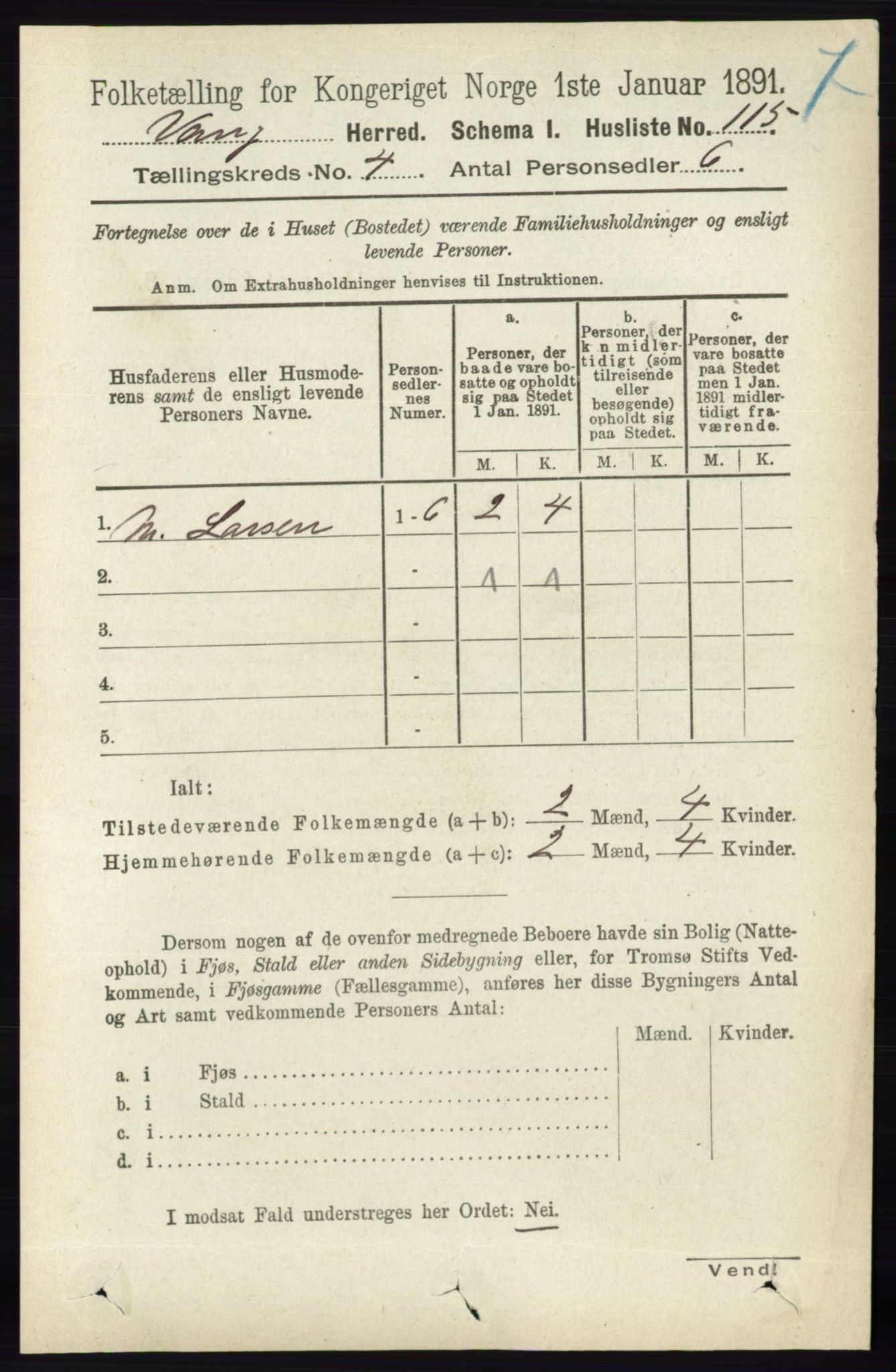 RA, Folketelling 1891 for 0414 Vang herred, 1891, s. 2744