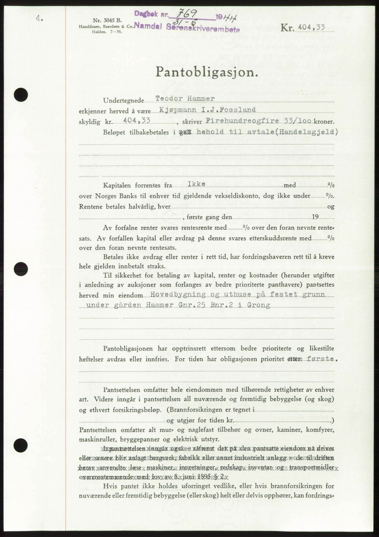 Namdal sorenskriveri, SAT/A-4133/1/2/2C: Pantebok nr. -, 1944-1945, Dagboknr: 769/1944