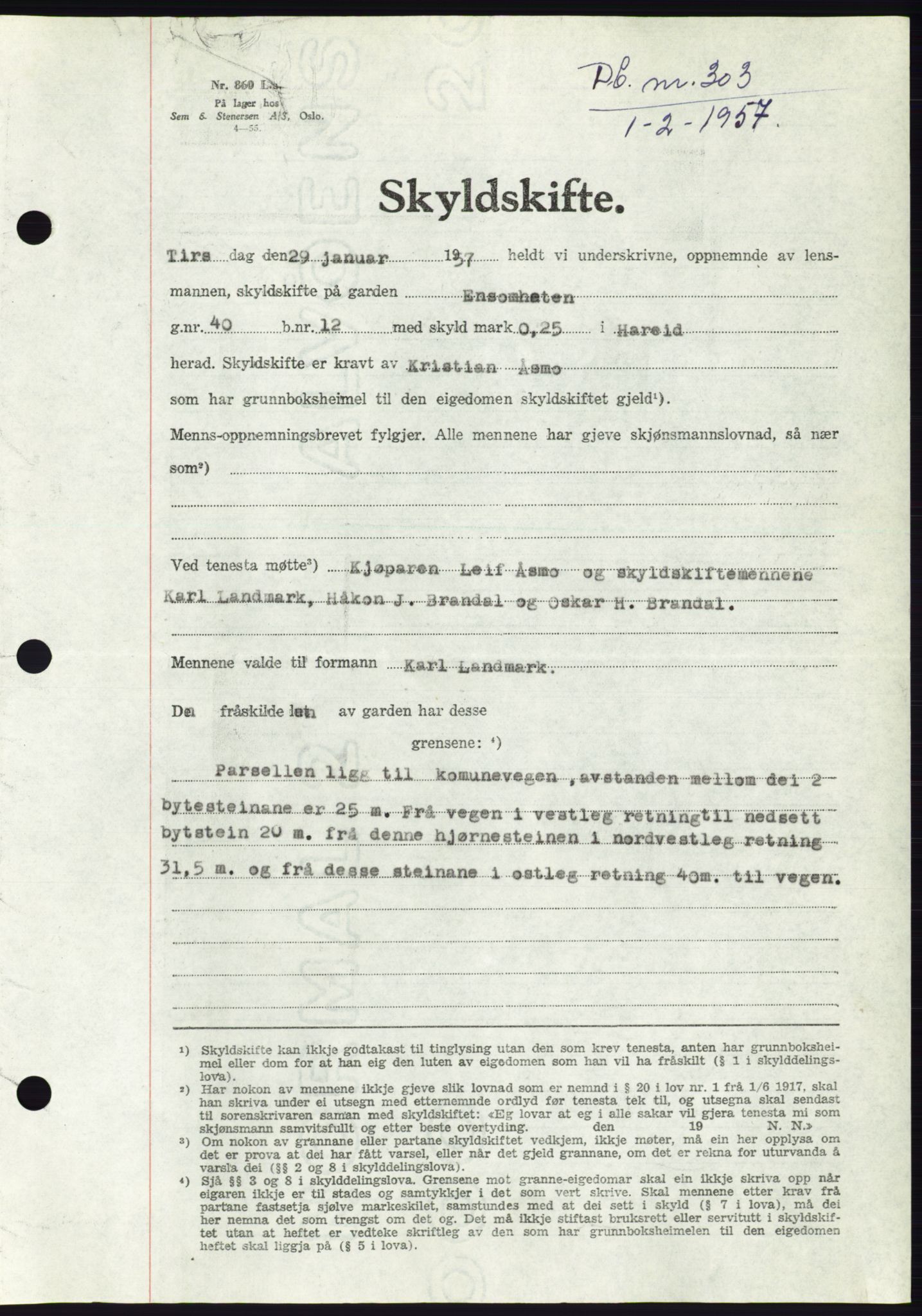 Søre Sunnmøre sorenskriveri, AV/SAT-A-4122/1/2/2C/L0105: Pantebok nr. 31A, 1956-1957, Dagboknr: 303/1957