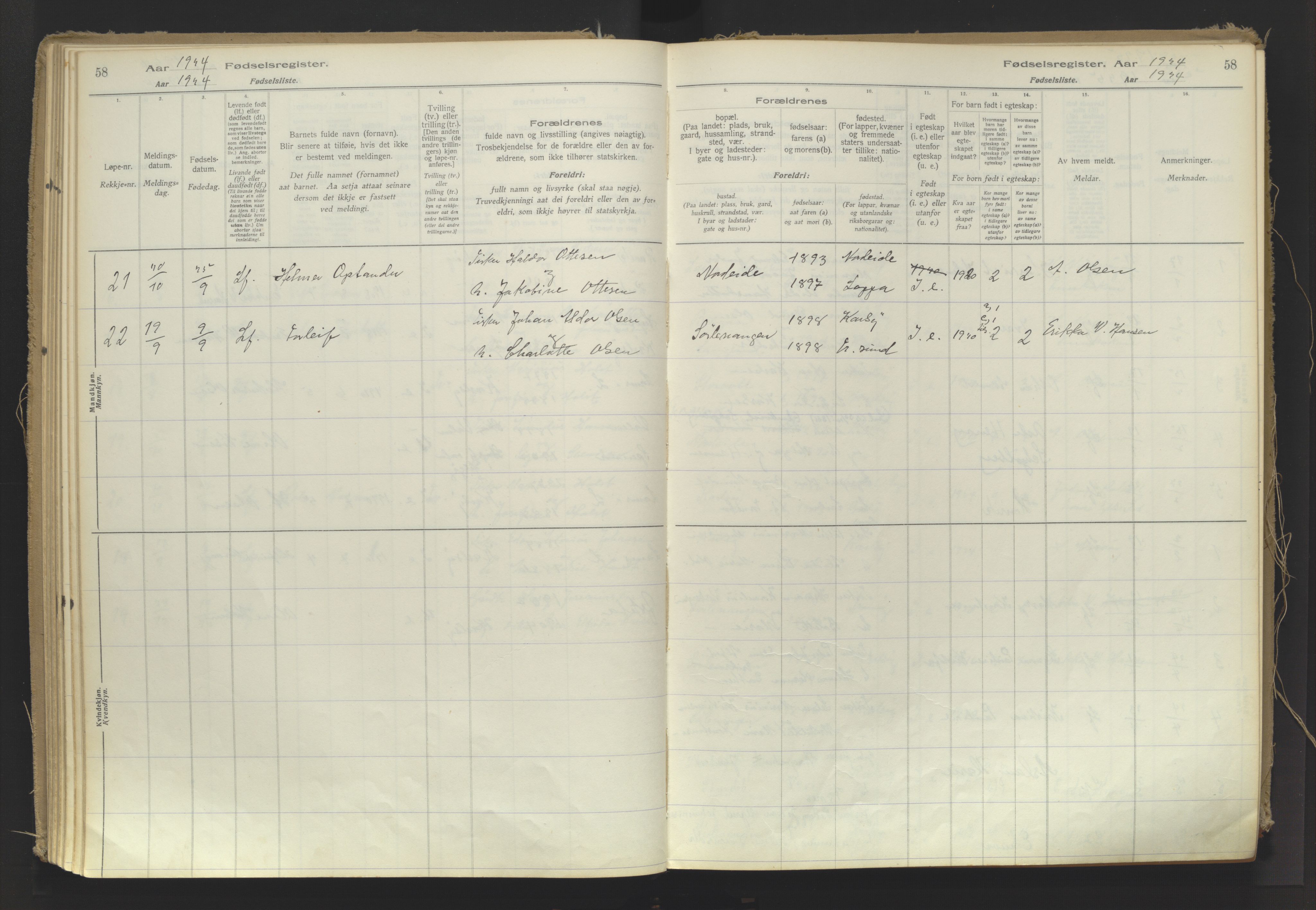 Karlsøy sokneprestembete, AV/SATØ-S-1299/I/Ic/L0064: Fødselsregister nr. 64, 1916-1943, s. 58