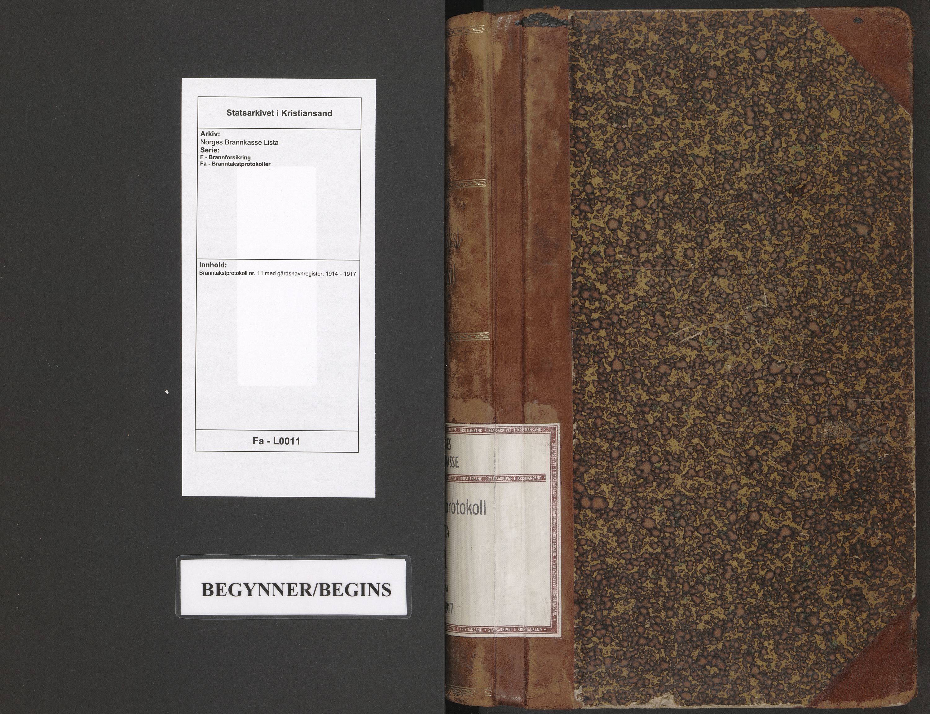 Norges Brannkasse Lista, SAK/2241-0035/F/Fa/L0011: Branntakstprotokoll nr. 11 med gårdsnavnregister, 1914-1917