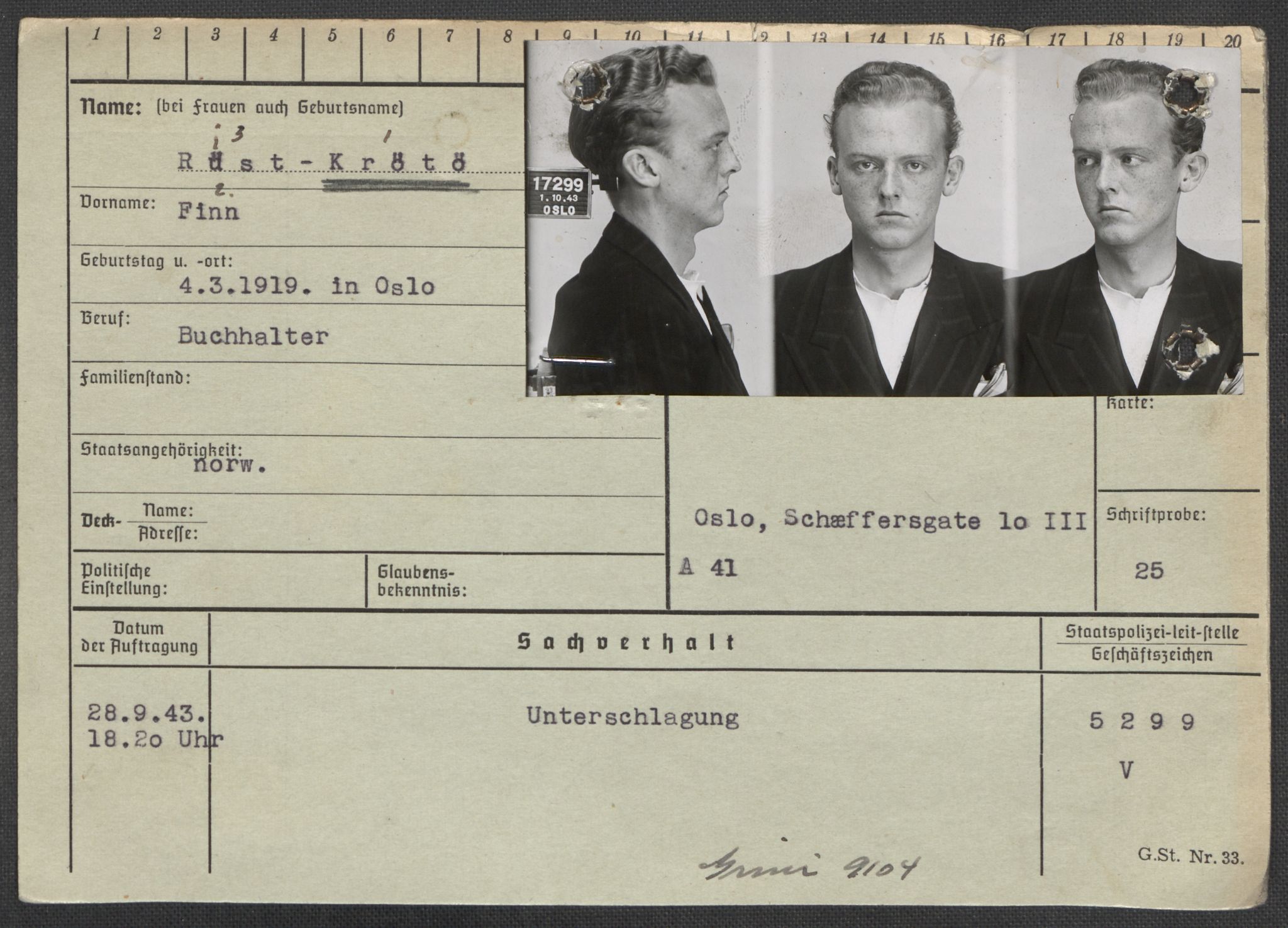 Befehlshaber der Sicherheitspolizei und des SD, AV/RA-RAFA-5969/E/Ea/Eaa/L0008: Register over norske fanger i Møllergata 19: Oelze-Ru, 1940-1945, s. 1262