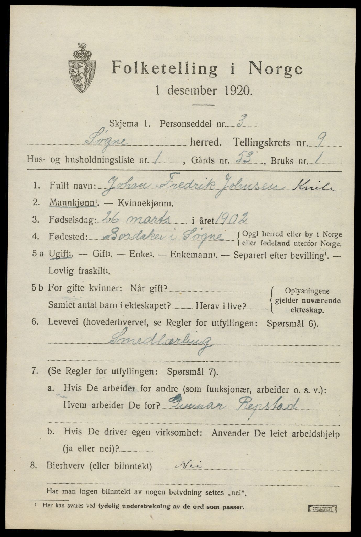 SAK, Folketelling 1920 for 1018 Søgne herred, 1920, s. 5295