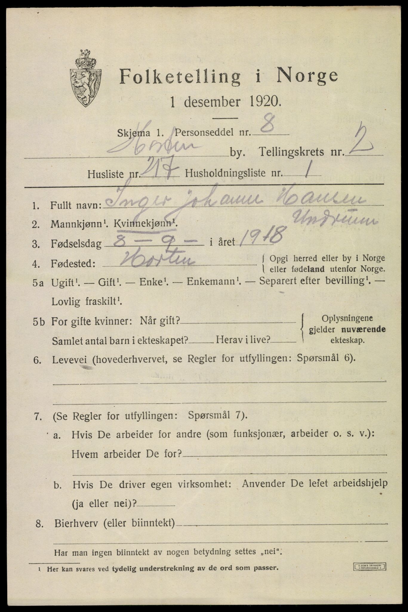 SAKO, Folketelling 1920 for 0703 Horten kjøpstad, 1920, s. 13419