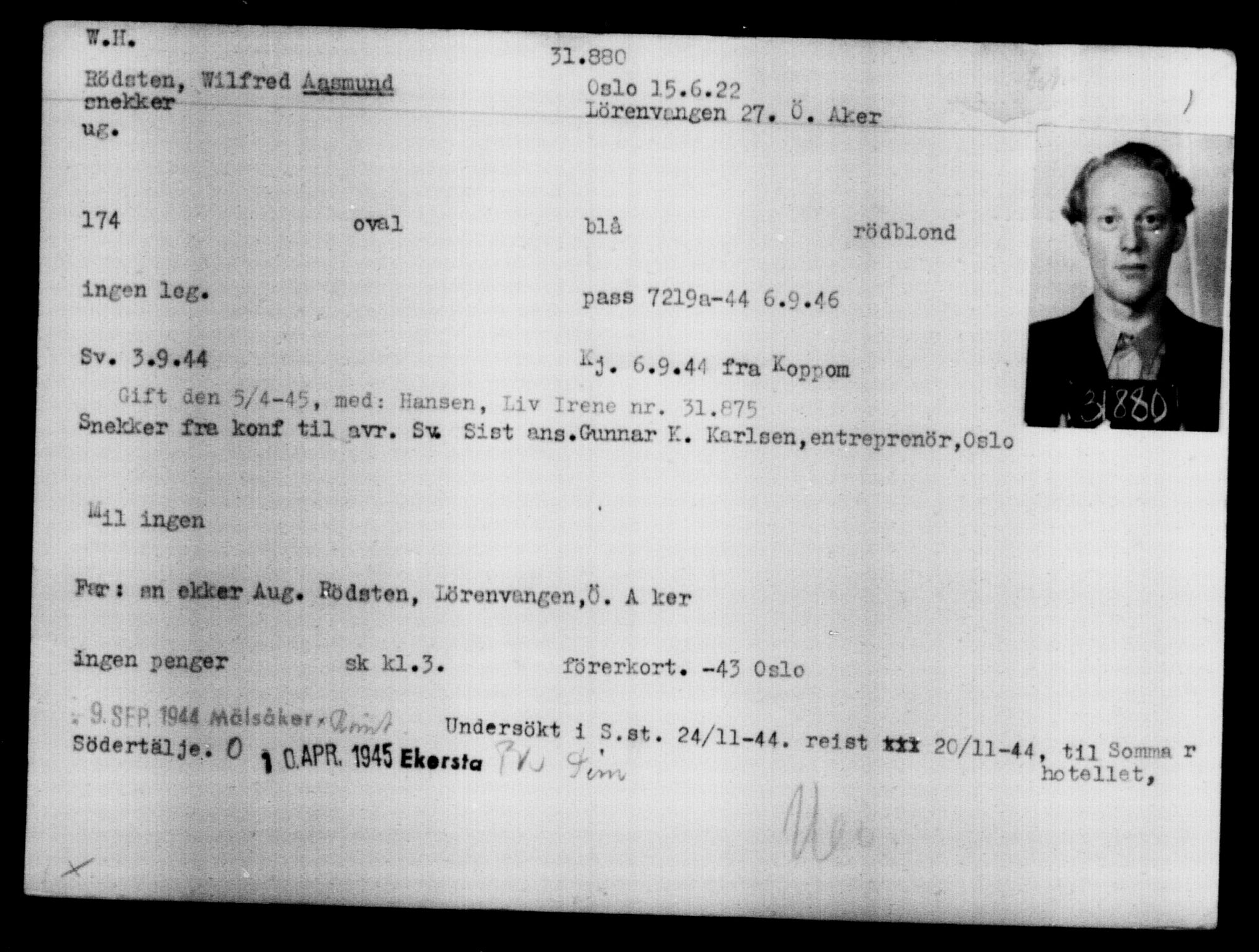 Den Kgl. Norske Legasjons Flyktningskontor, AV/RA-S-6753/V/Va/L0013: Kjesäterkartoteket.  Flyktningenr. 31500-34731, 1940-1945, s. 424