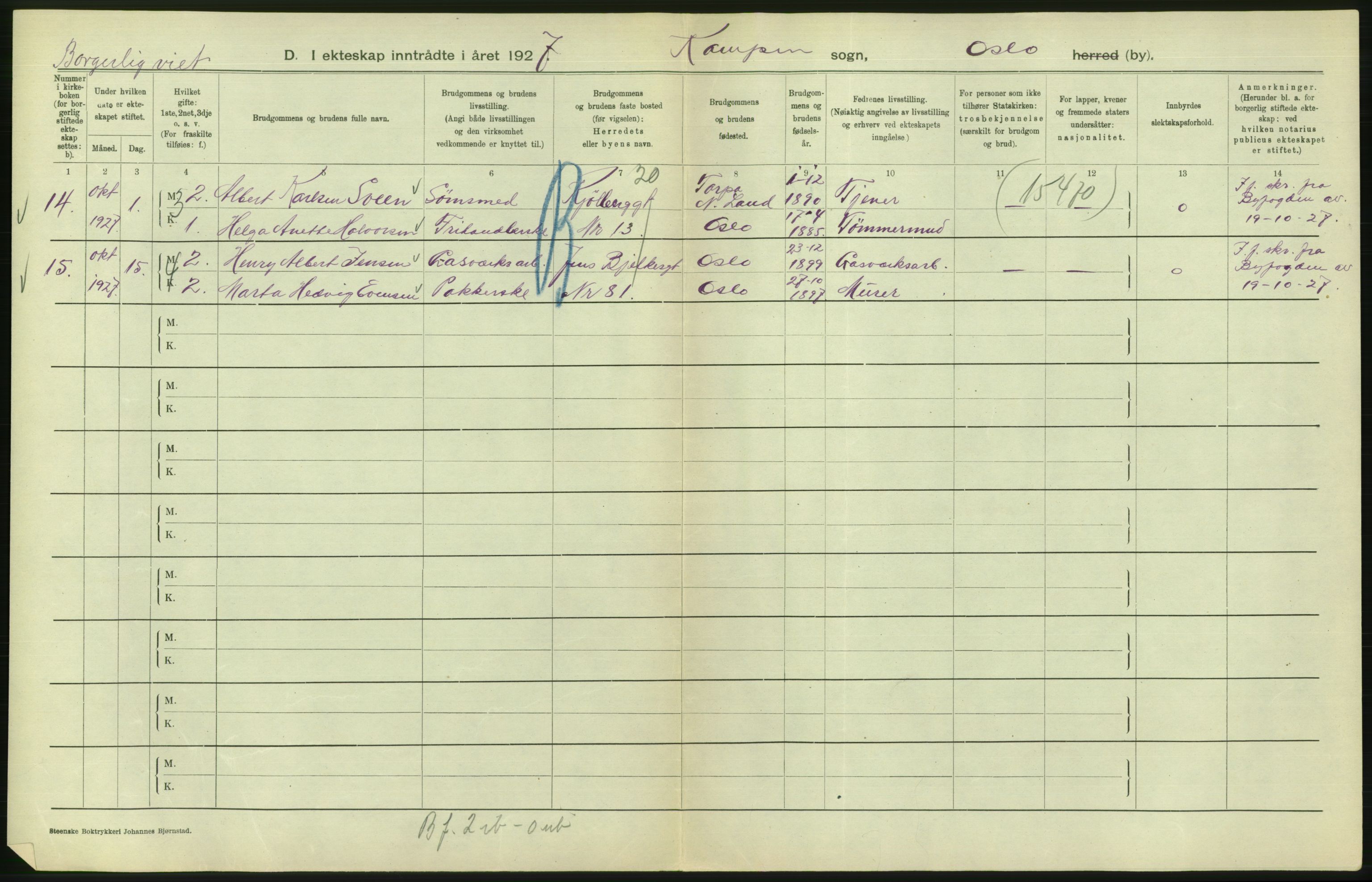 Statistisk sentralbyrå, Sosiodemografiske emner, Befolkning, AV/RA-S-2228/D/Df/Dfc/Dfcg/L0008: Oslo: Gifte, 1927, s. 634