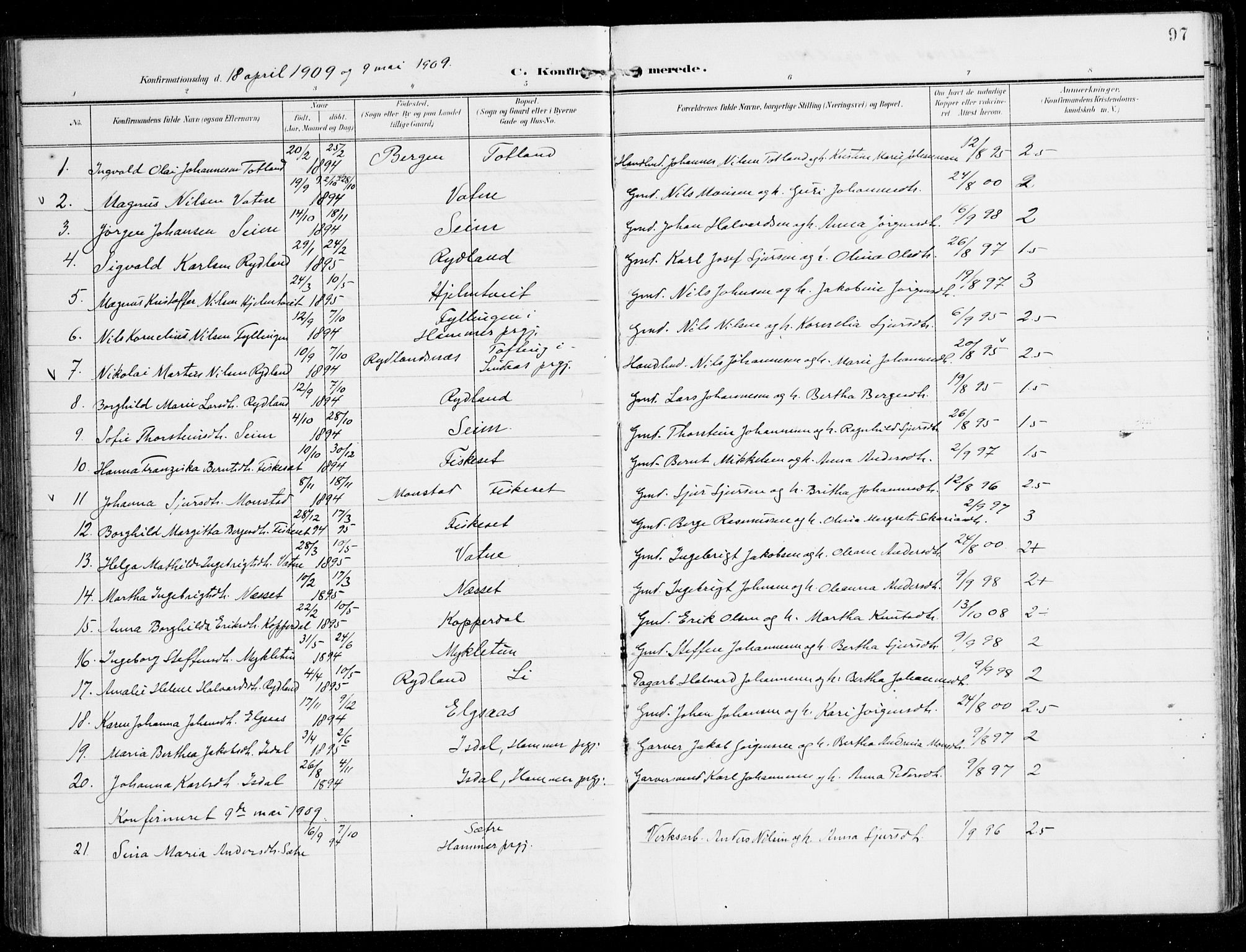 Alversund Sokneprestembete, AV/SAB-A-73901/H/Ha/Haa/Haad/L0004: Ministerialbok nr. D 4, 1898-1926, s. 97