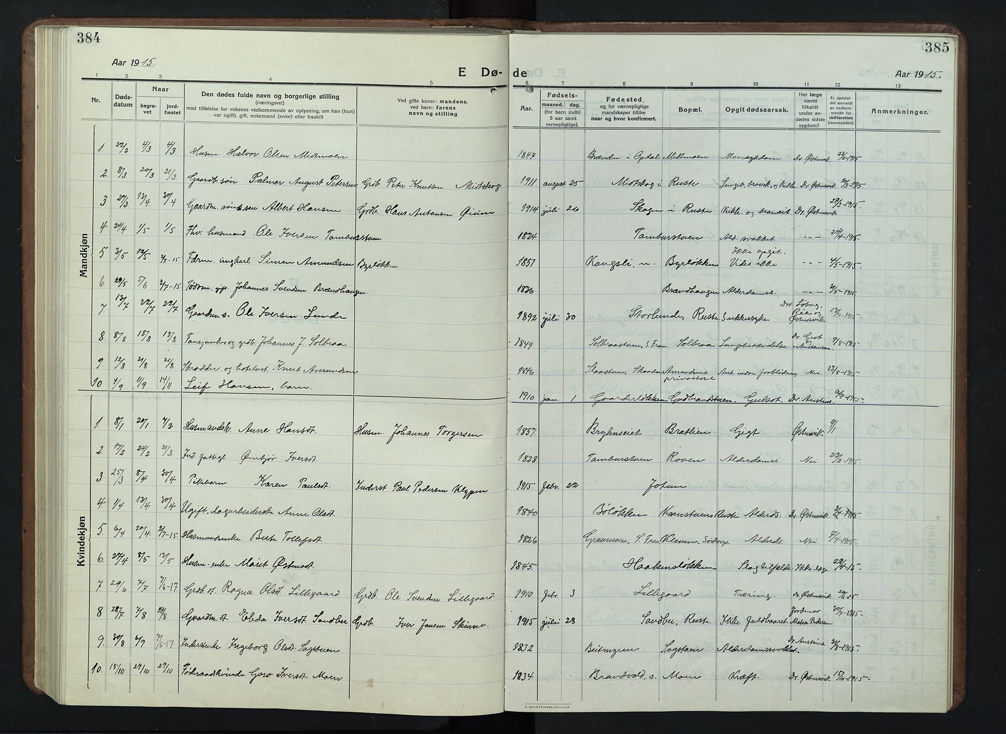 Nord-Fron prestekontor, AV/SAH-PREST-080/H/Ha/Hab/L0007: Klokkerbok nr. 7, 1915-1946, s. 384-385