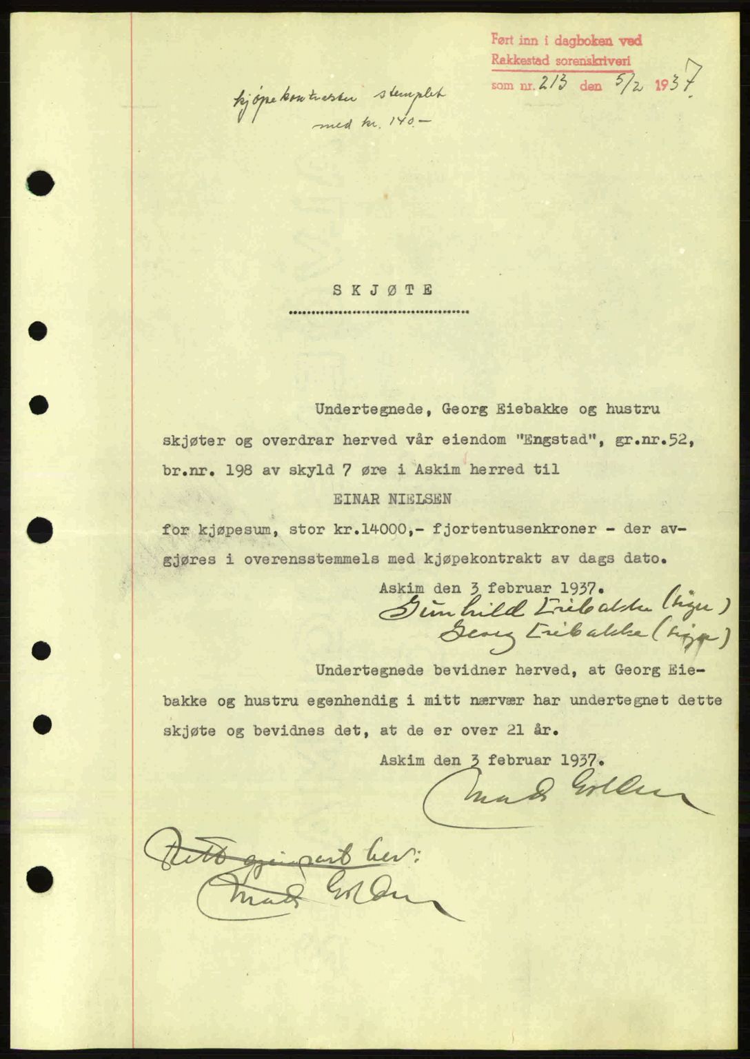 Rakkestad sorenskriveri, SAO/A-10686/G/Gb/Gba/Gbab/L0001: Pantebok nr. A1, 1936-1937, Dagboknr: 213/1937