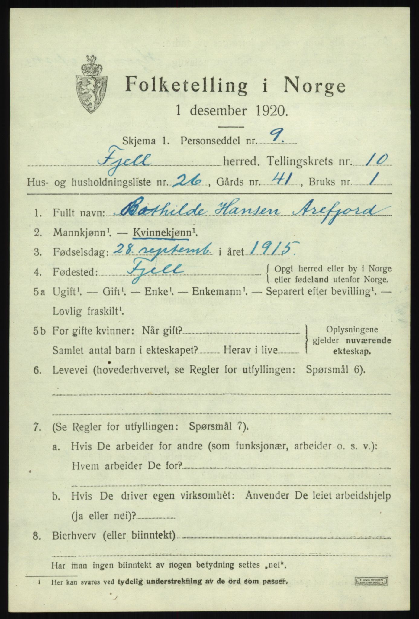 SAB, Folketelling 1920 for 1246 Fjell herred, 1920, s. 9410